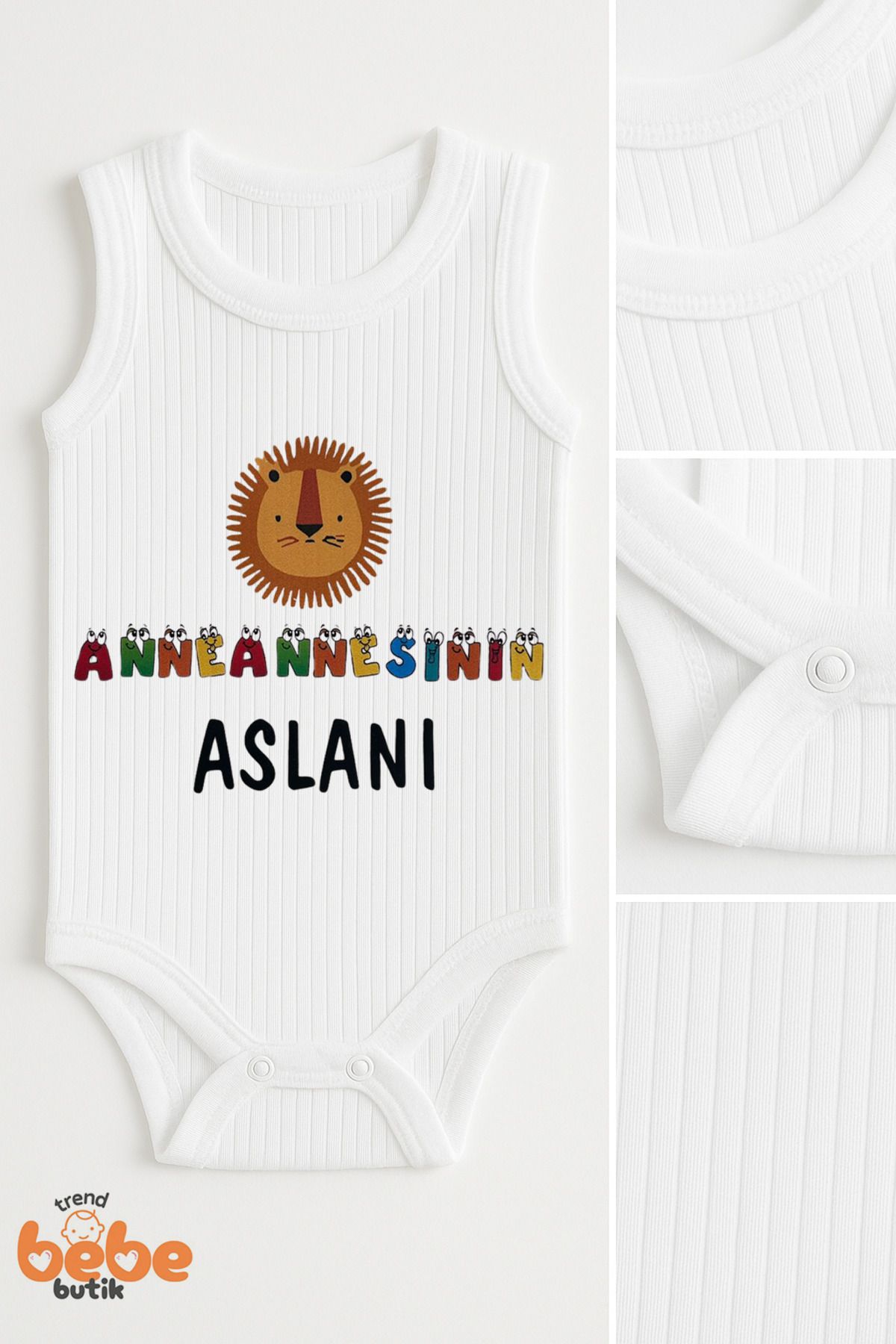 Trend Bebe Butik Anneannesinin Aslanı Yazılı %100 Pamuklu Ribana Tulum Body Zıbın Çıtçıtlı 6–36 Ay Unisex