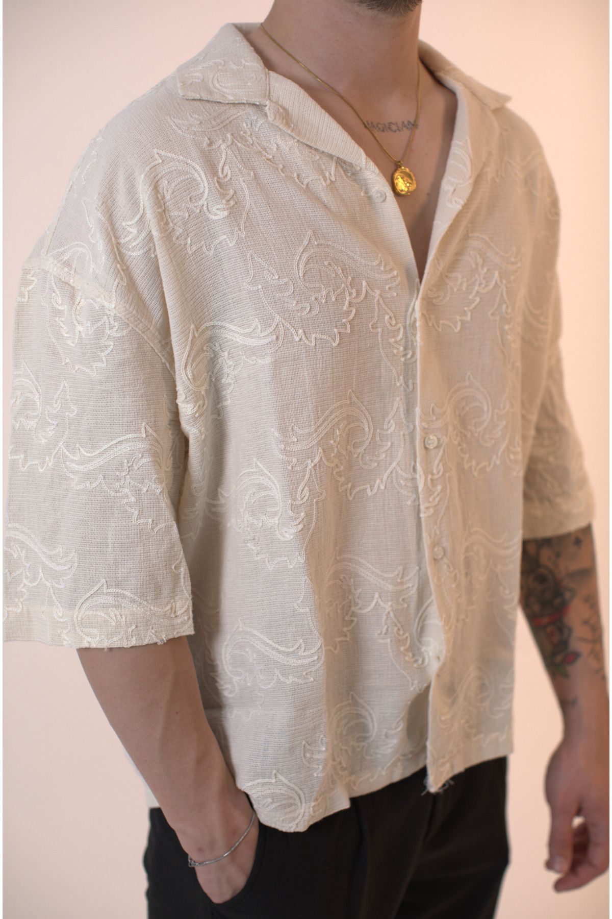 Nyctophilia Wear Özel Tasarım Nakış İşlemeli Oversize Keten Gömlek