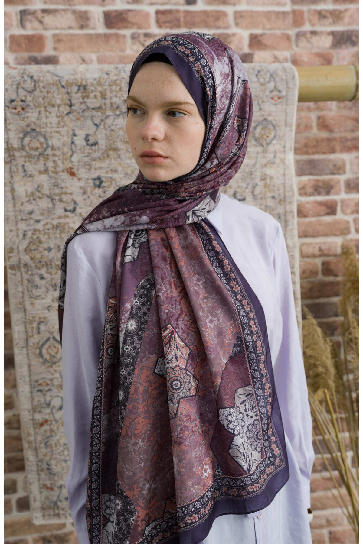 Fatma Atasoy-Glorina Eggplant Purple Ethnic Patterned Shawl 4