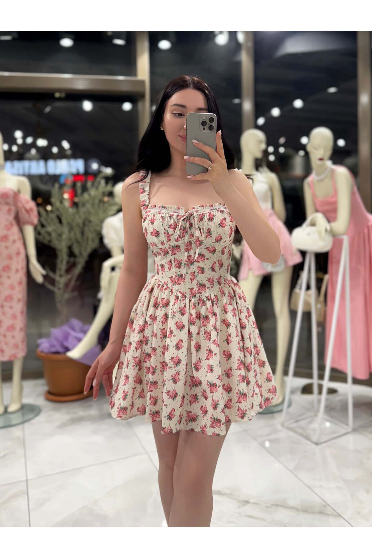 missswans Sweety Önü Bağlamalı Çiçek Desenli Mini Elbise Krem