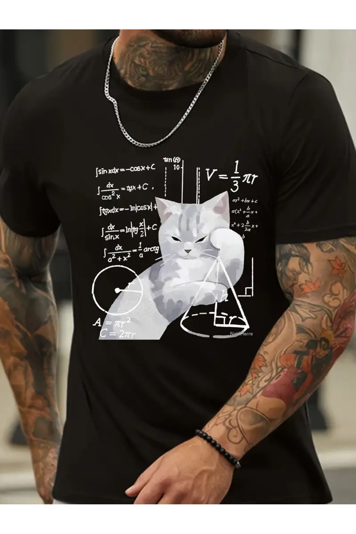 LUNAVISTA Math Cat Baskılı Bisiklet Yaka Kısa Kol T-shirt