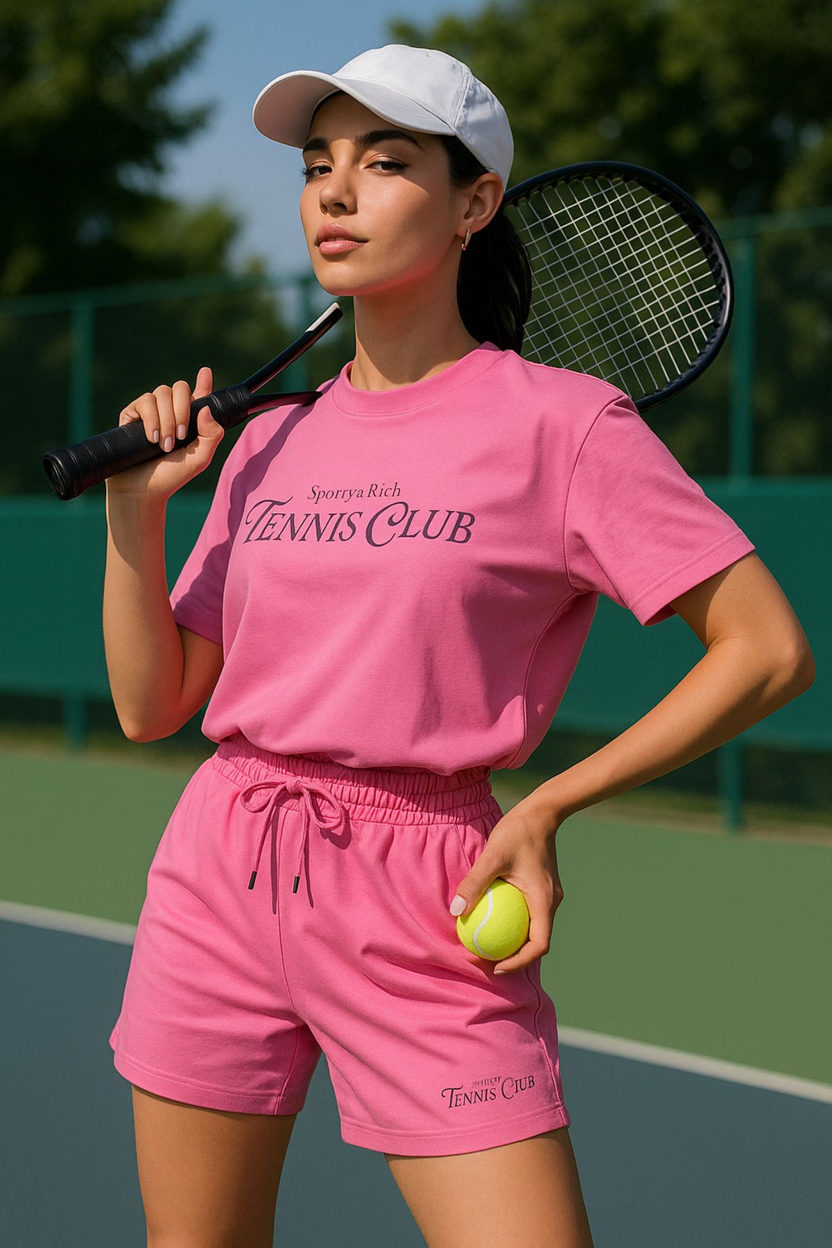 Rich Kadın Sporty Kısa Kollu Bisiklet Yaka Oversize T-shirt ve Şortlu Alt Üst Takım Tenis İkili Takım