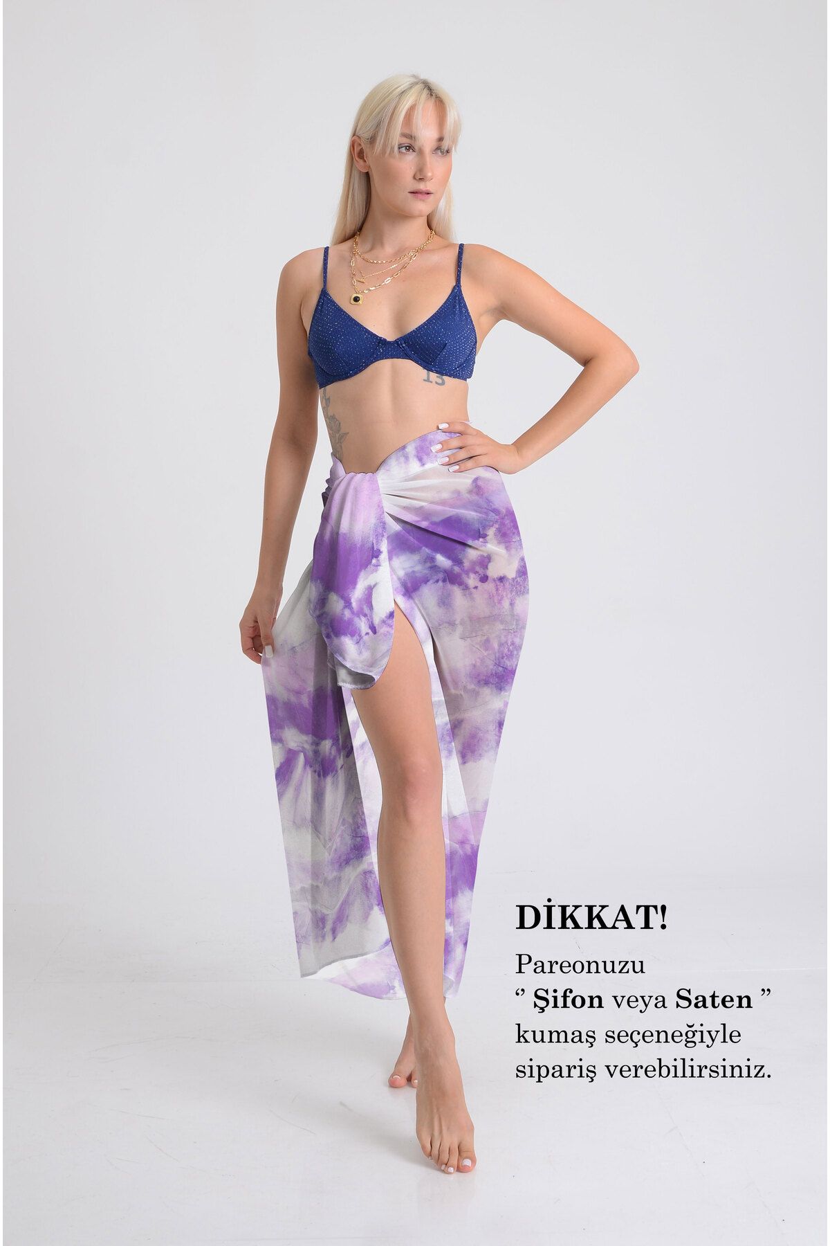 DESENİX Eflatun Tonlar Batik Pareo - 100x145 cm - İpeksi Şifon & Lüks Saten Kumaş Seçeneği - Plaj Elbisesi