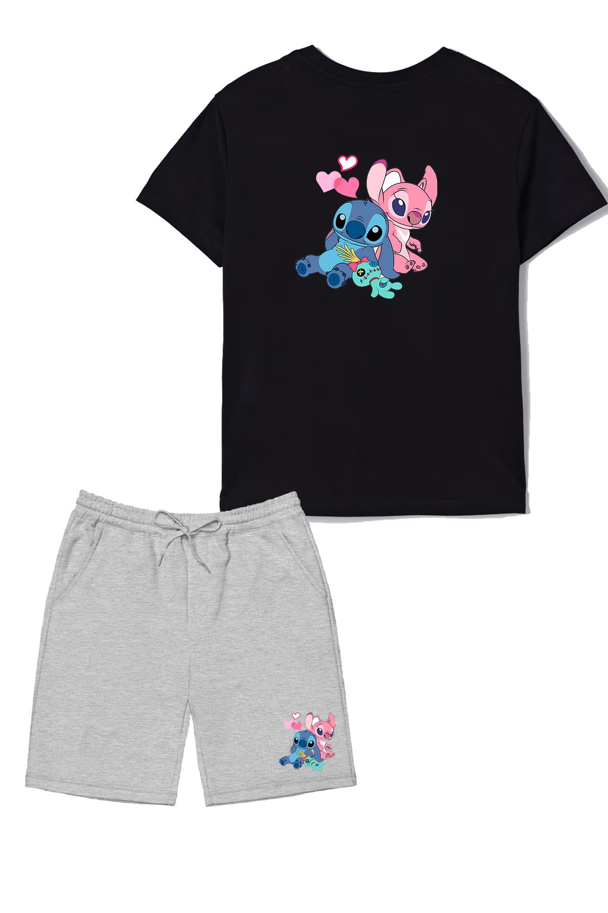 makiteks 2'li Set Baskılı Kız Çocuk Pamuk Şort Tshirt Takım Lilo Stitch 5 6 7 8 9 10 11 12 13 14 yaş Tişört