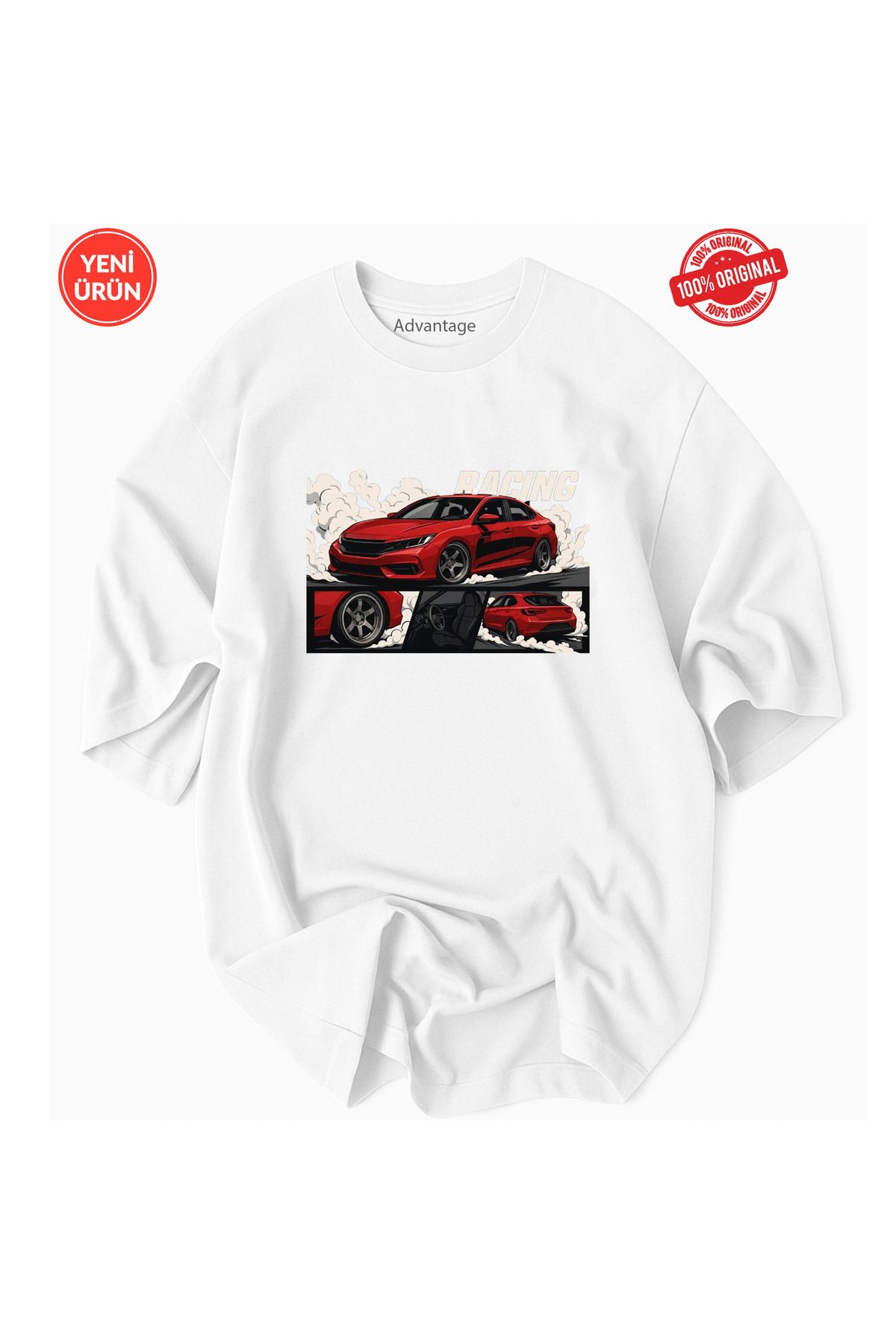 Advantage Kırmızı Spor Araba Detaylı JDM Racıng Baskılı Oversize %100 Pamuk Premium T-Shirt