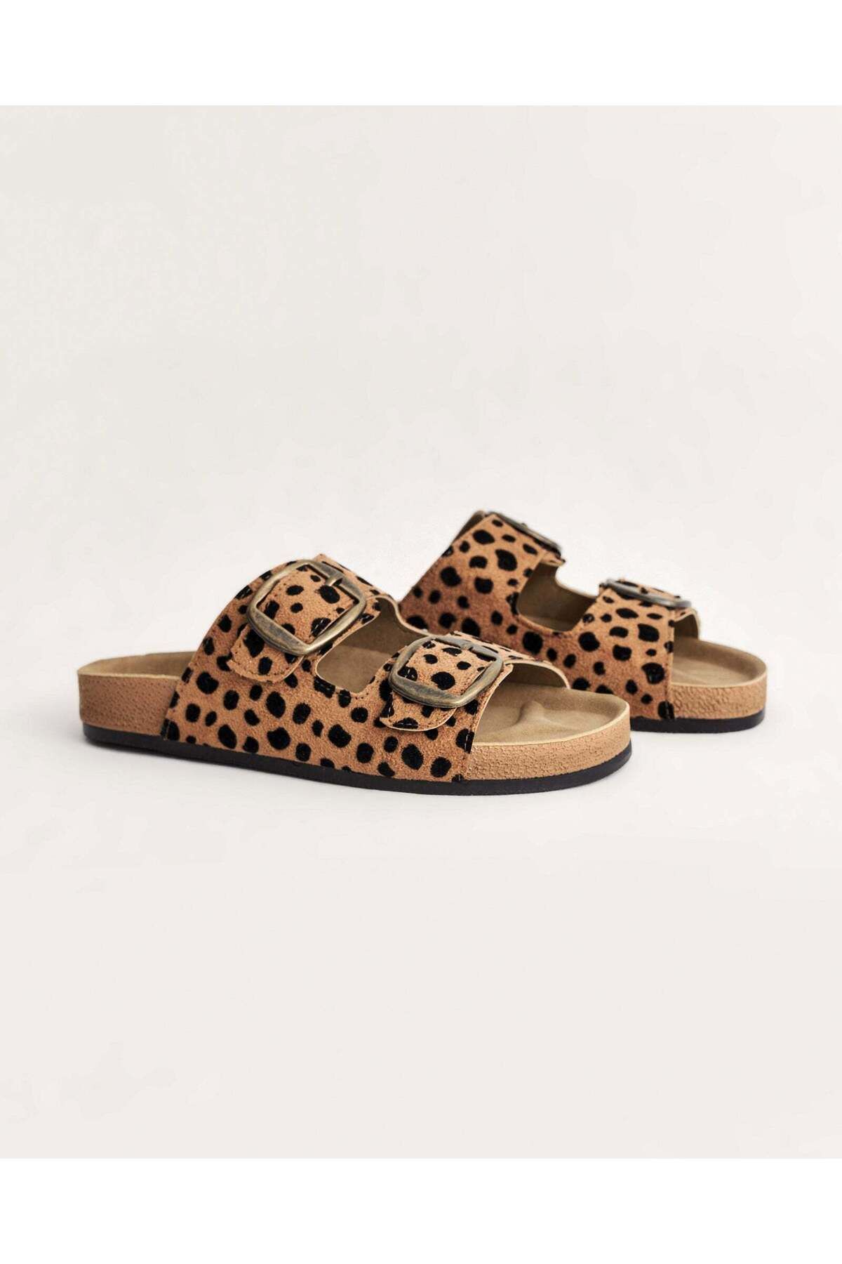 Chirpy Kadın Leopar Flok Baskılı Desenli Çift Tokalı Yazlık Terlik