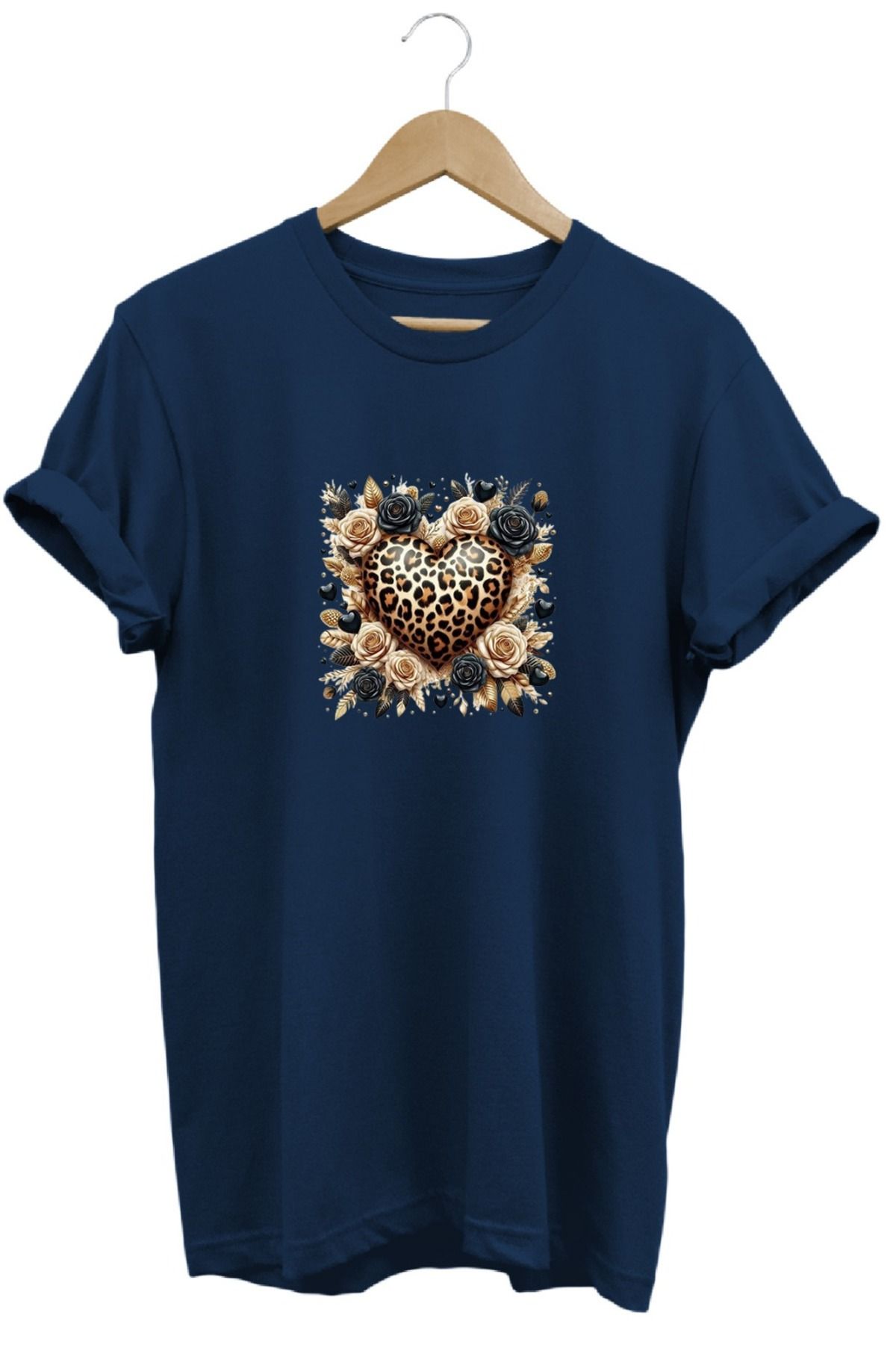 joyyfashion Leopar Kalp Baskılı T-Shirt