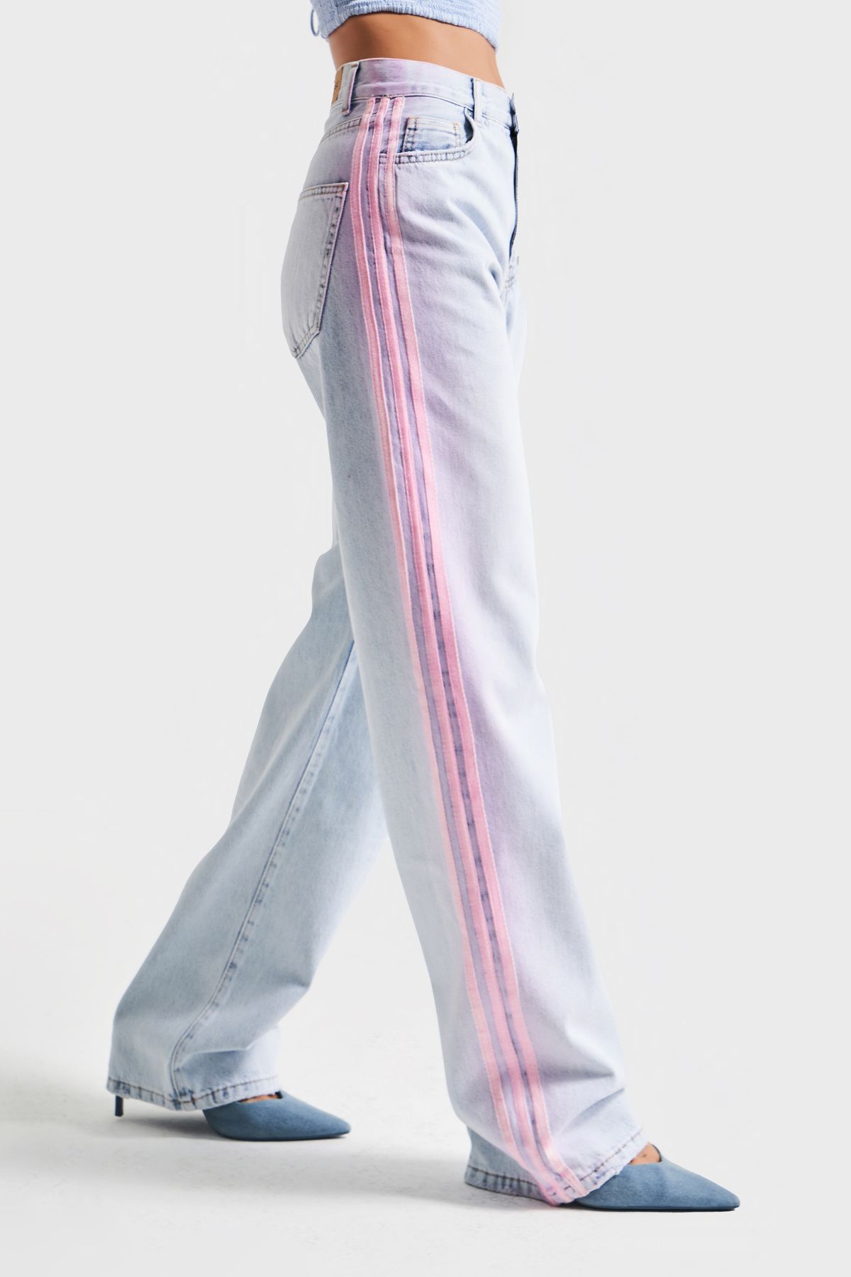 its basic Kadın Kot Rengi 4s5-100 Neon Şerit Detaylı Loose Fit %100 Koton Tasarım Denim Jean