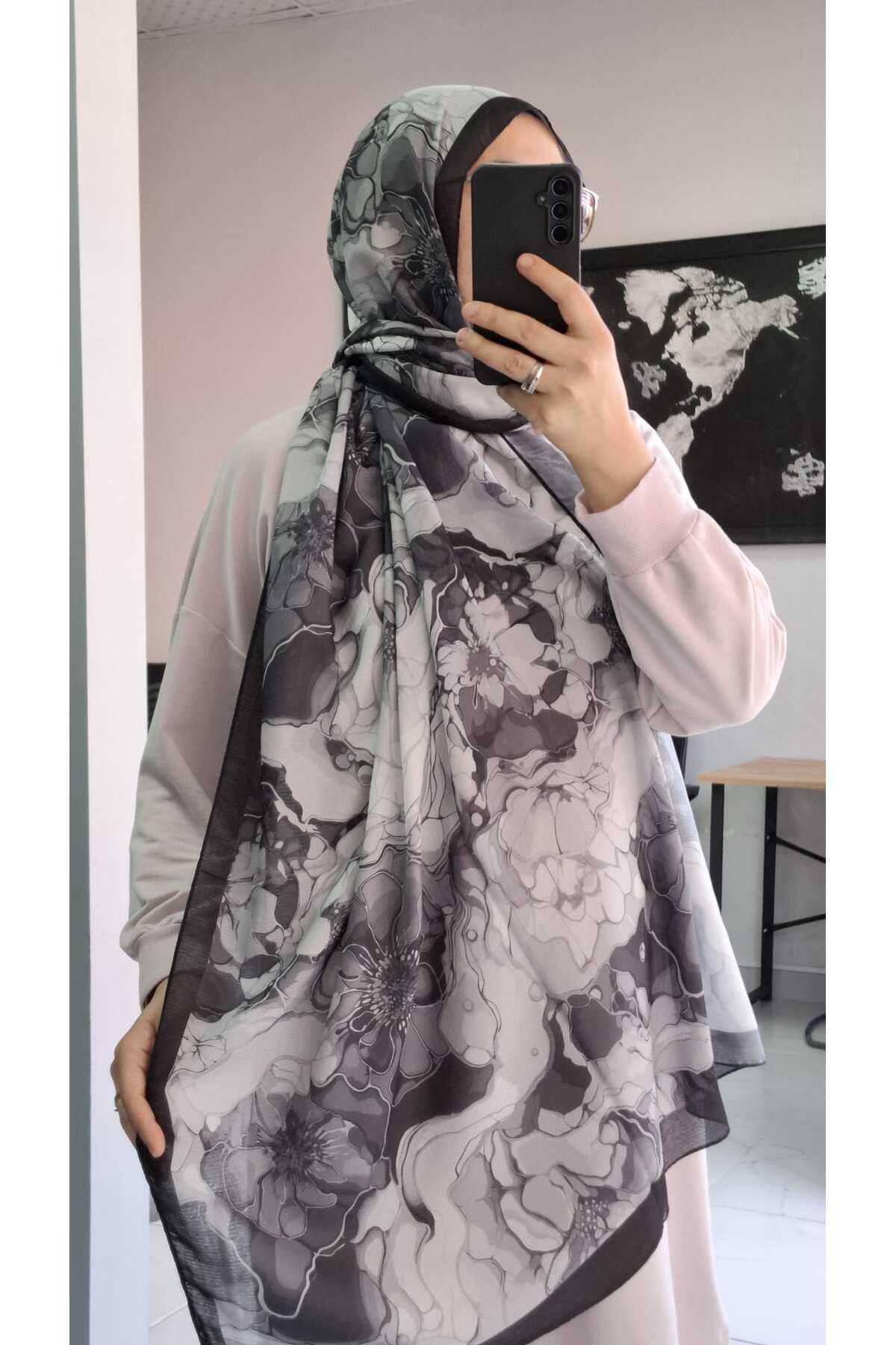 AMİNENESİL Aminenesil Floral Siyah Gri Renk Şal