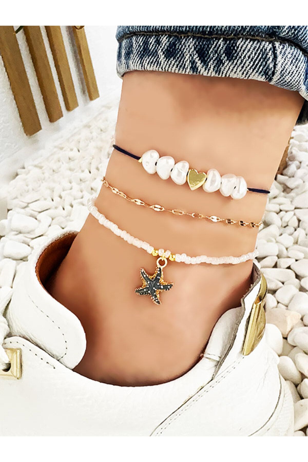 NevoAccessory-Starfish Charm Anklet with Chain and String Set of 3 2