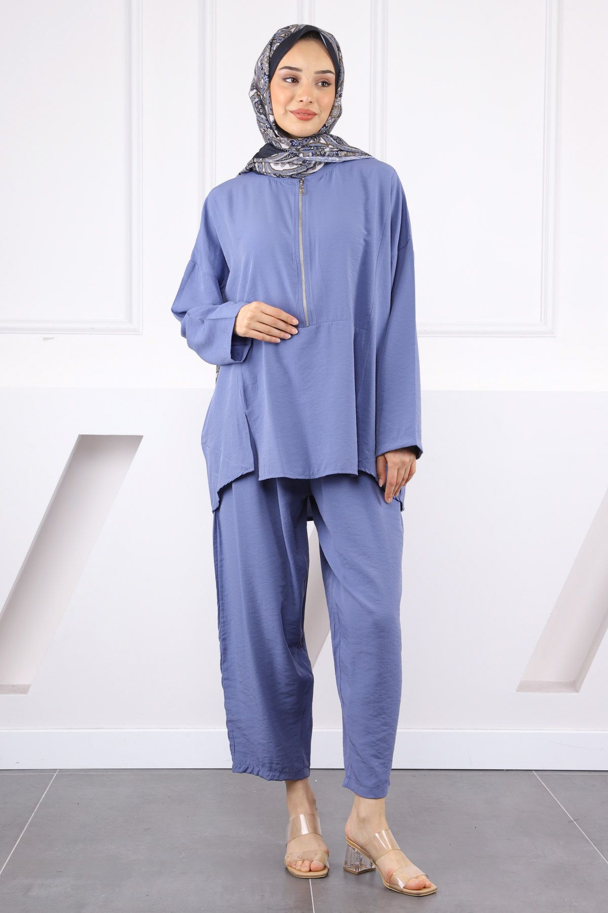 İmajButik İndigo Yaka Fermuarlı Tunik Pantolonlu Takım