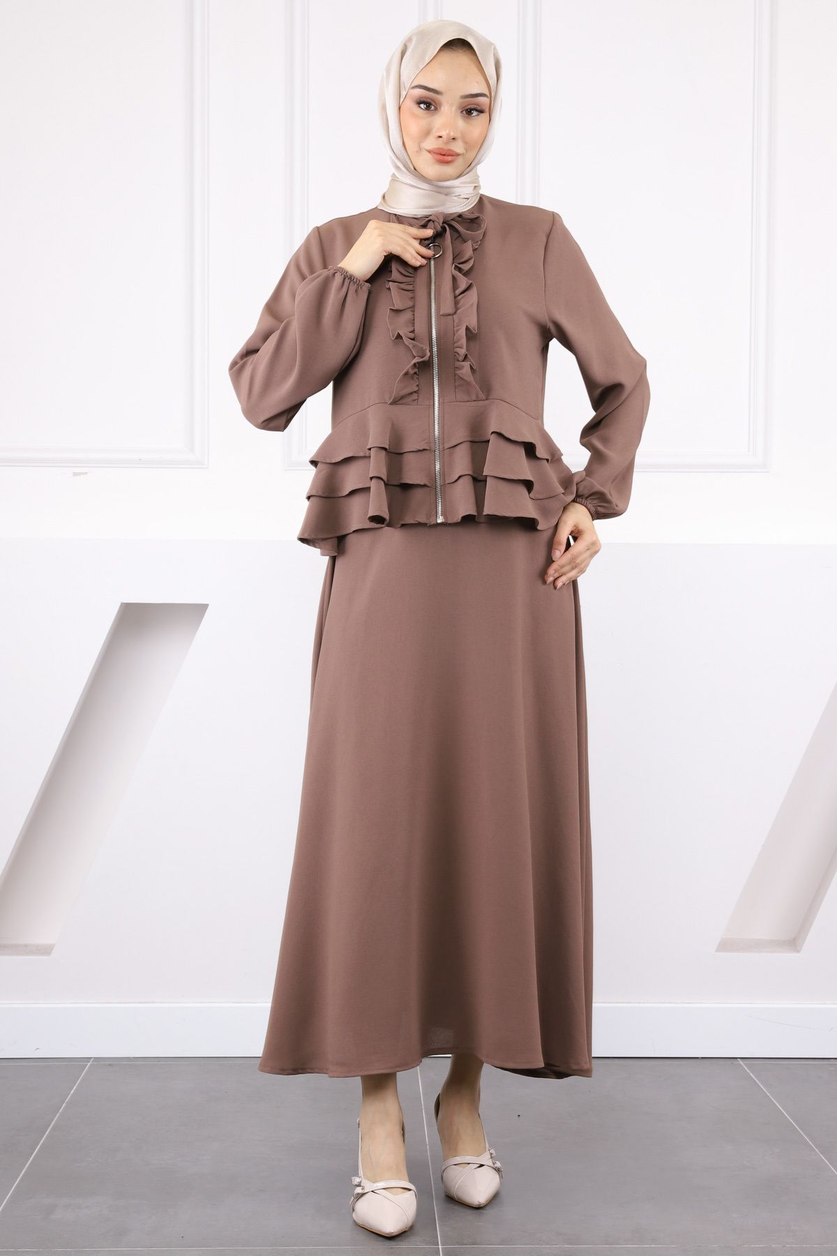 İmajButik Vizon Fermuarlı Ceket Etekli Krep Takım