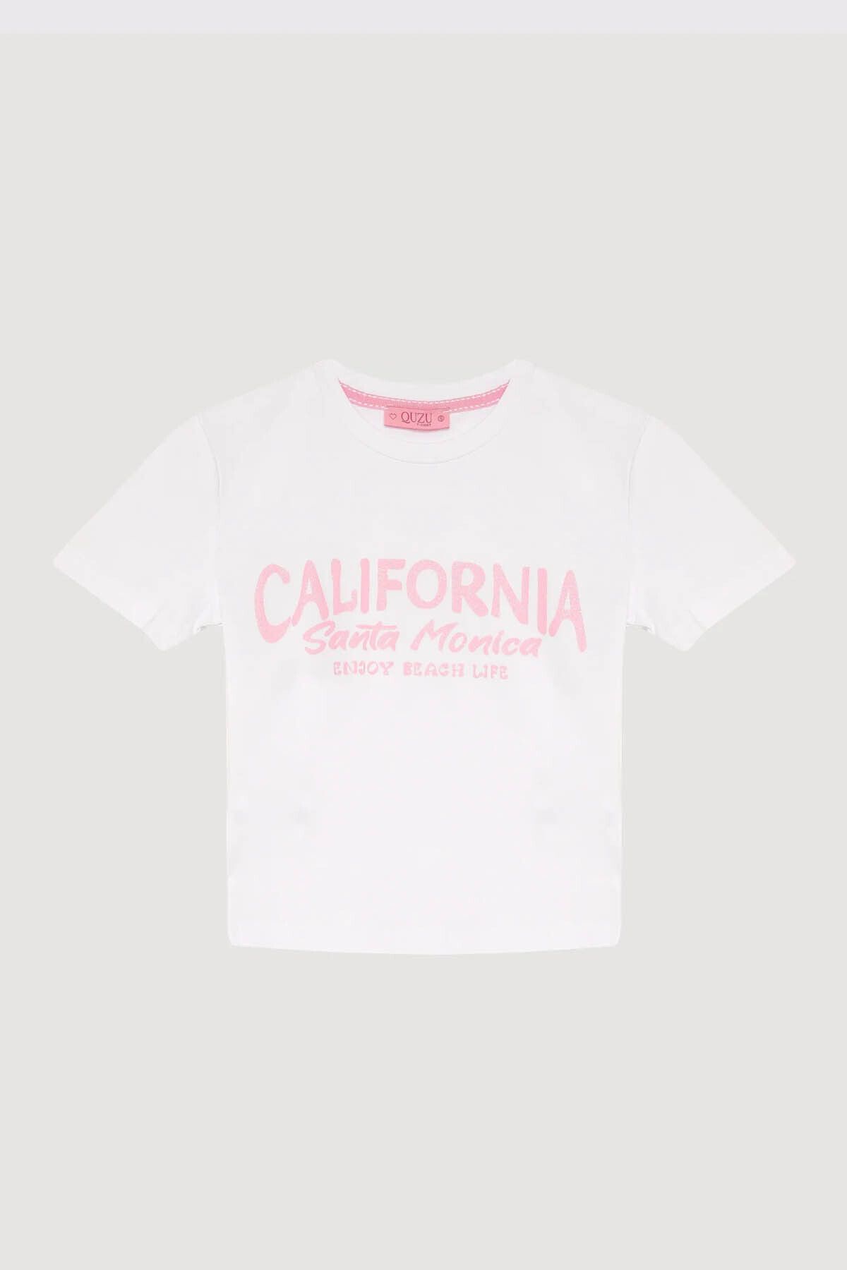 Quzu California Yazılı Beyaz Kadın T-Shirt TSH00416