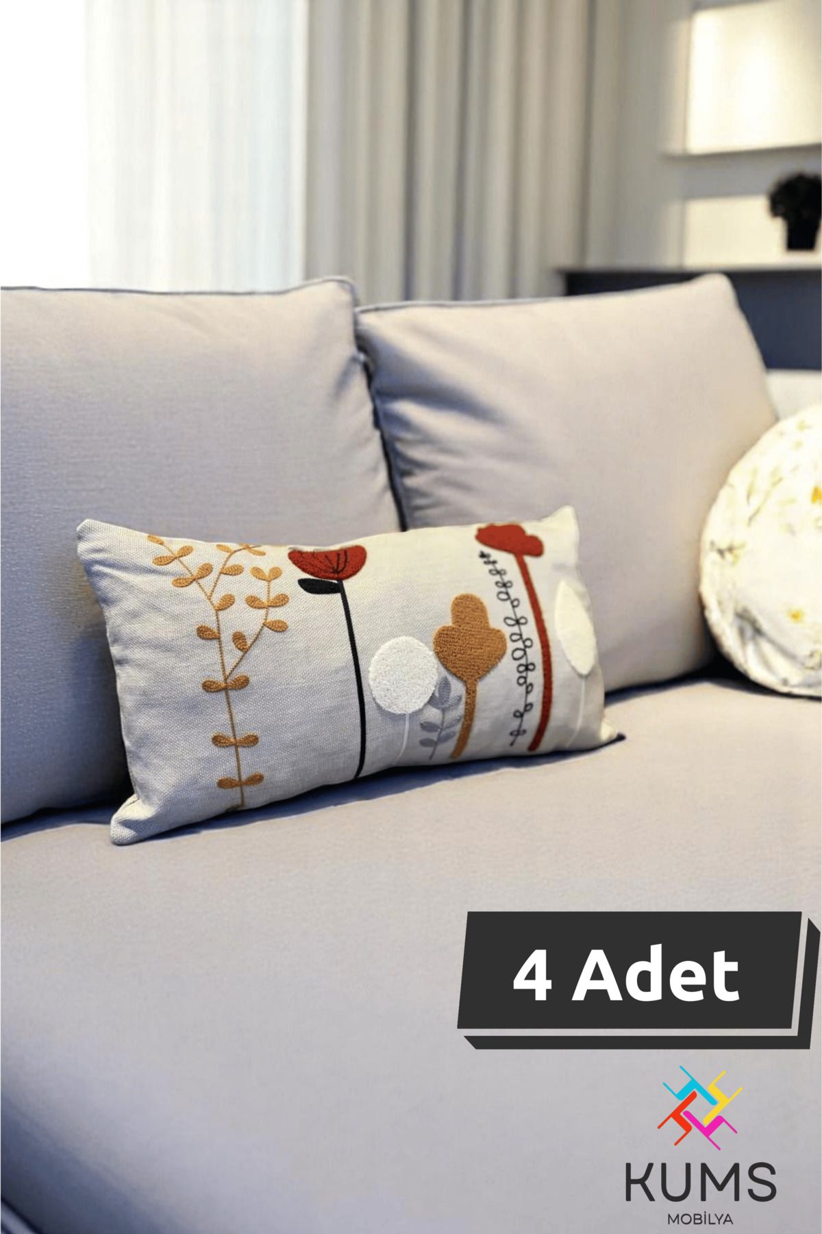KUMS 4 Adet Kaliteli Nakış Baskılı Kırlent Kılıfı – Sadece Kılıf, 29x45 cm