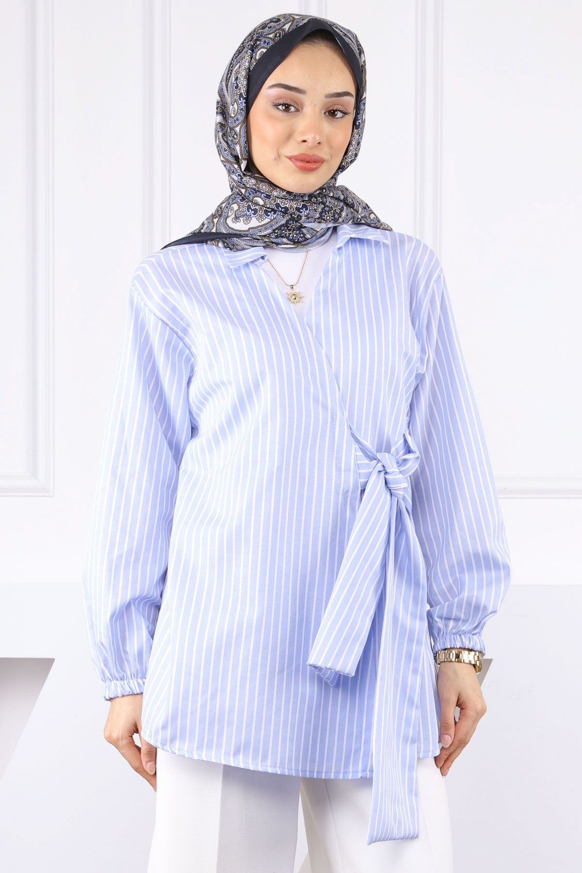 İmajButik Bebe Mavi Çizgili Yan Bağlamalı Kimono