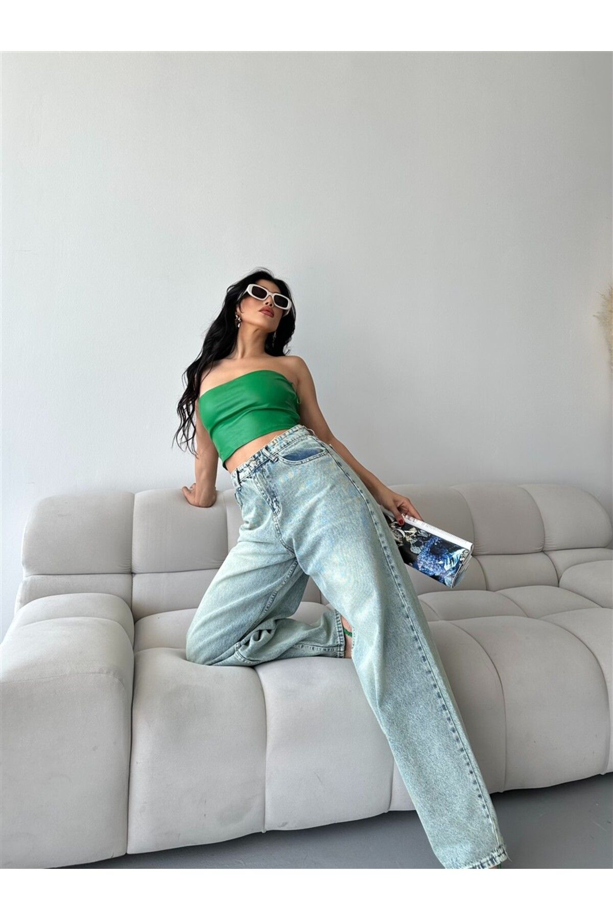 DESTEMODA Kadın Kot Baggy Bol Kesim Bıyık Kimyasal Yıkamalı Pantolon Yeşil Tint 4001