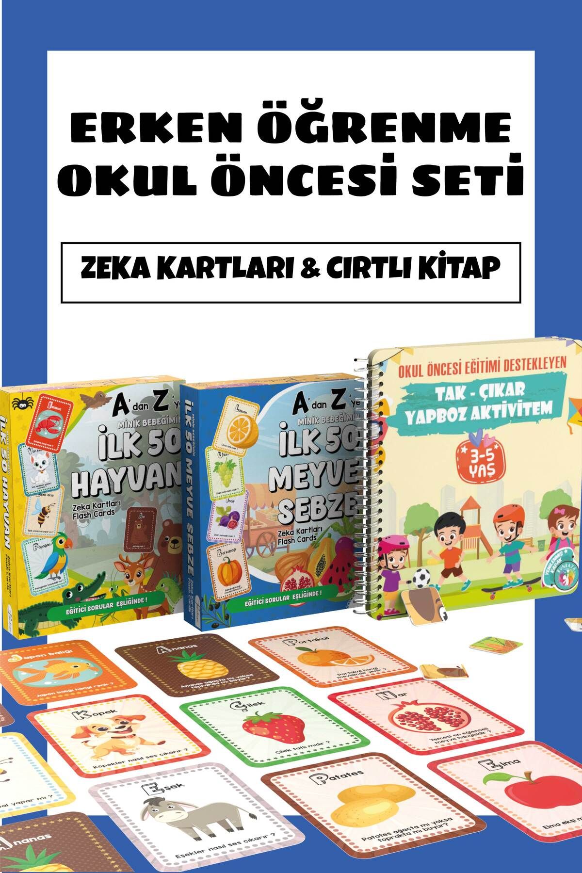 Bunbaza Okul Öncesi Erken Öğrenme Eğitici Set, Cırtlı Yapboz Kitap ve İlk Zeka Kartlarım Set 2