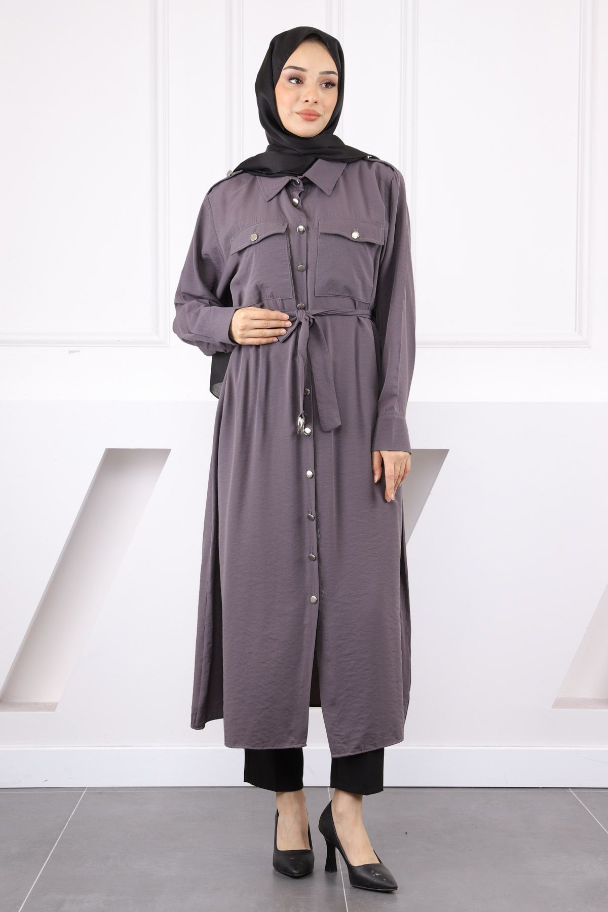 İmajButik Antrasit Bel Kemerli Tunik