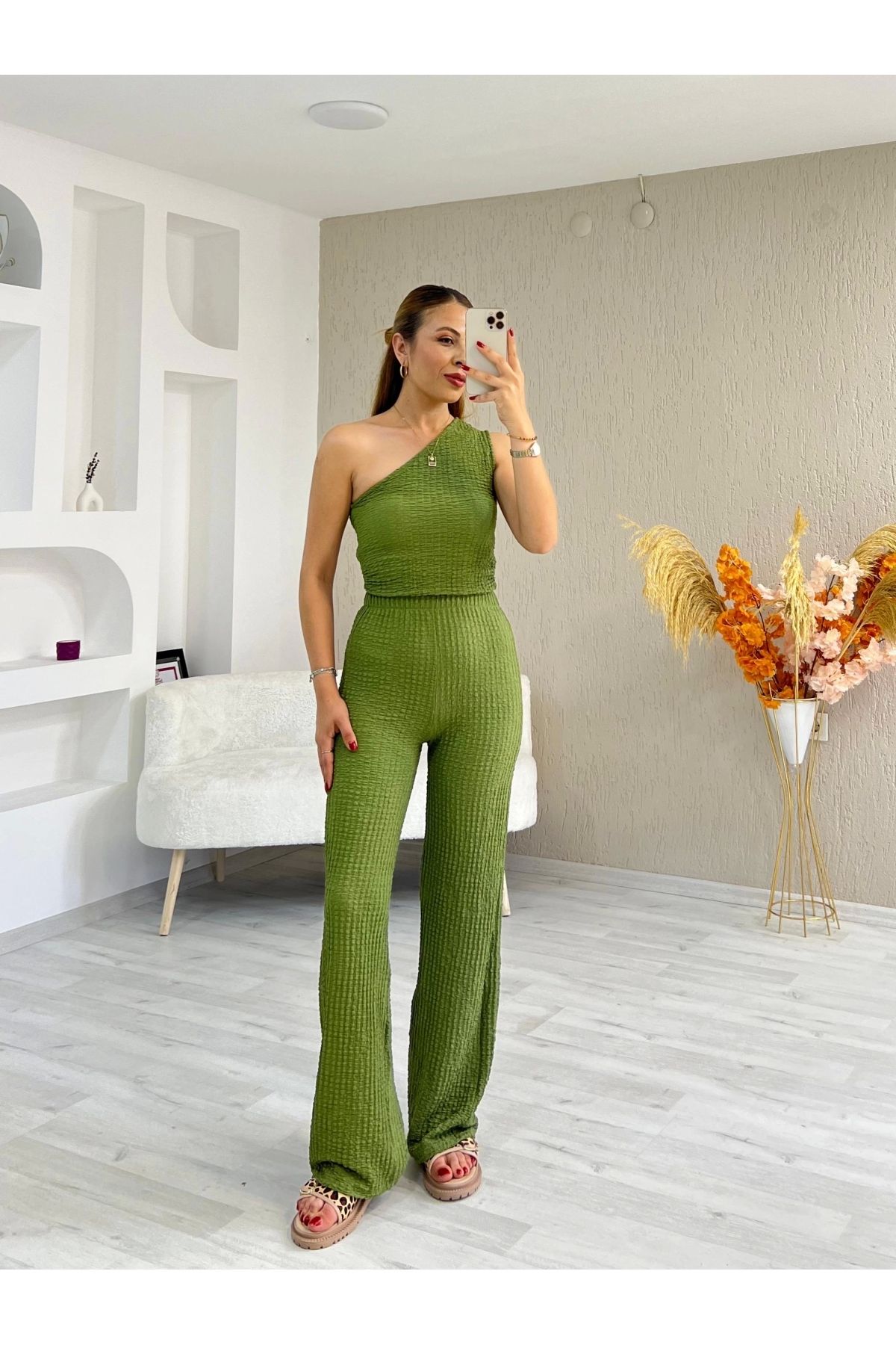 İrka Moda Zr Marka Tek Omuz Bubble Gofre Takım Yeşil