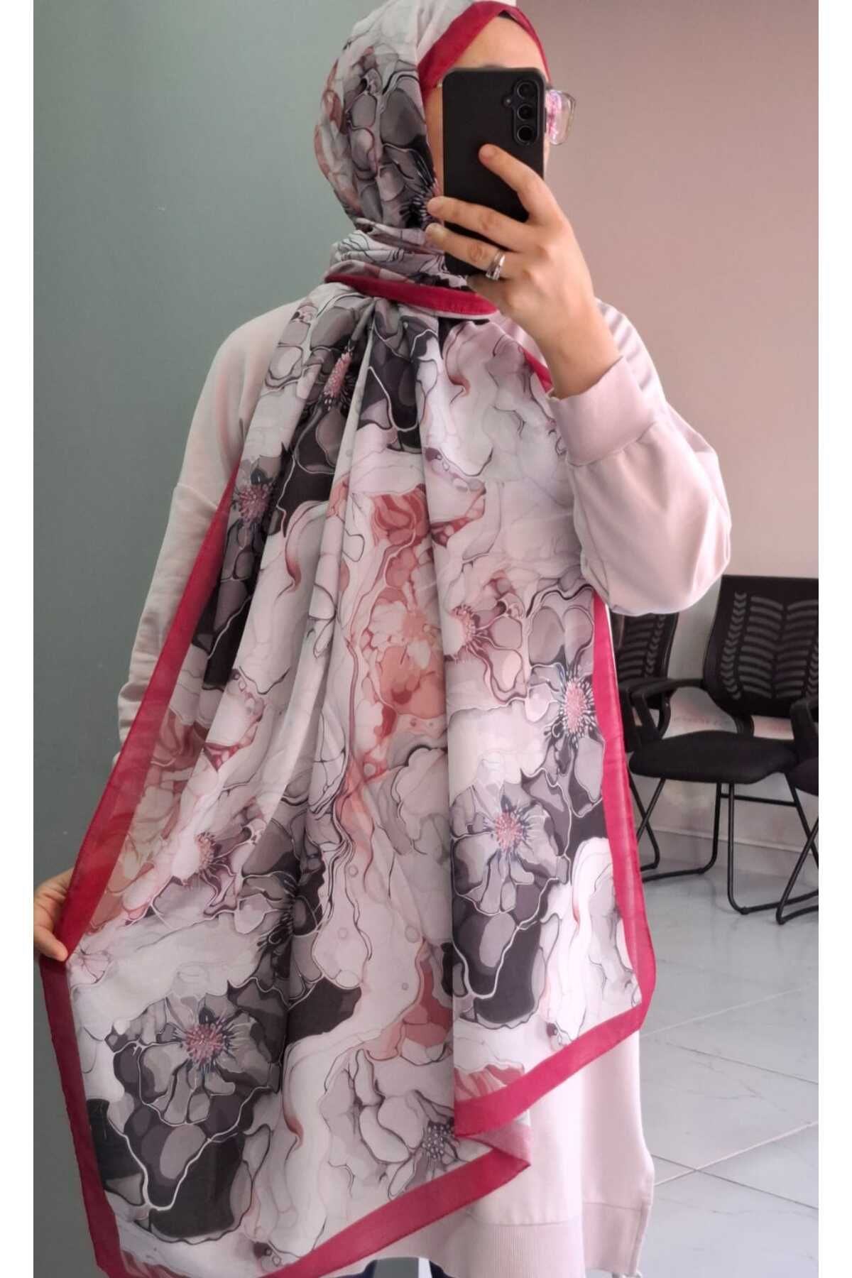 AMİNENESİL Aminenesil Floral Vişne Ekru Bej Pembe Renk Şal