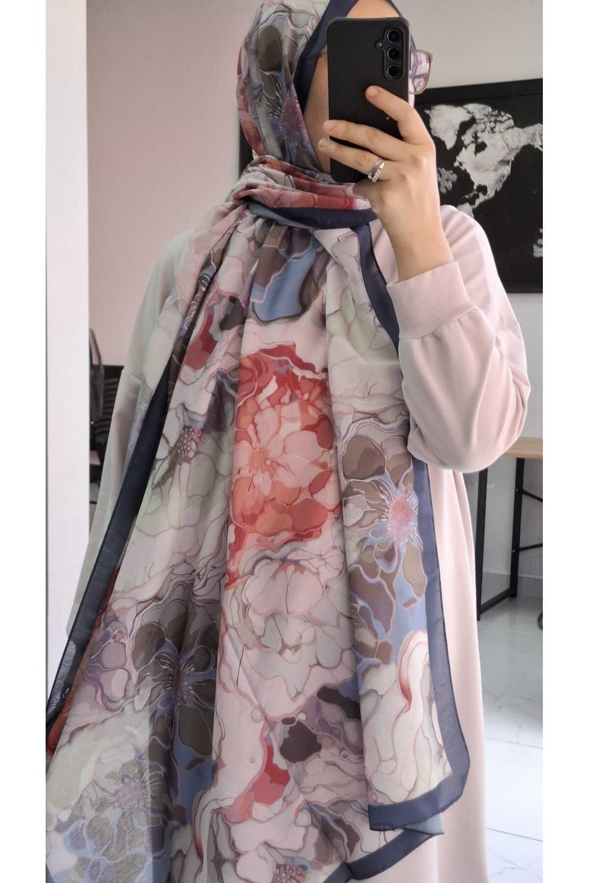 AMİNENESİL Aminenesil Floral Bej Turuncu Lacivert Renk Şal