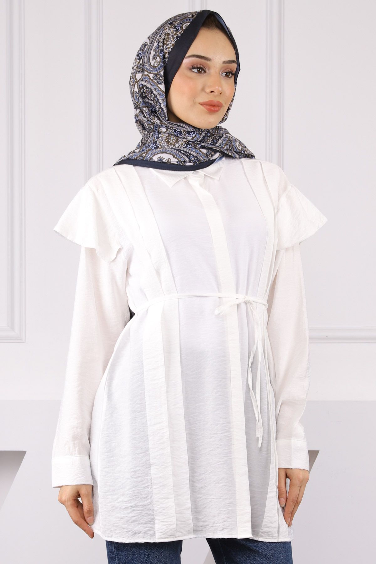 İmajButik Beyaz Omuz Detaylı Bel Bağlamalı Tunik