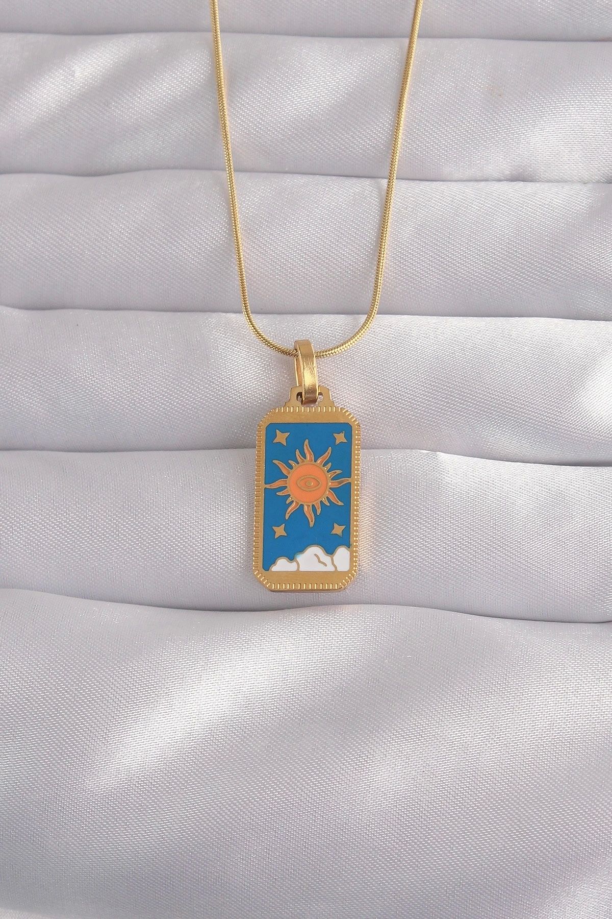luz&pos 316L Çelik Gold Renk Mavi Mineli Güneş Model Tarot Kolye