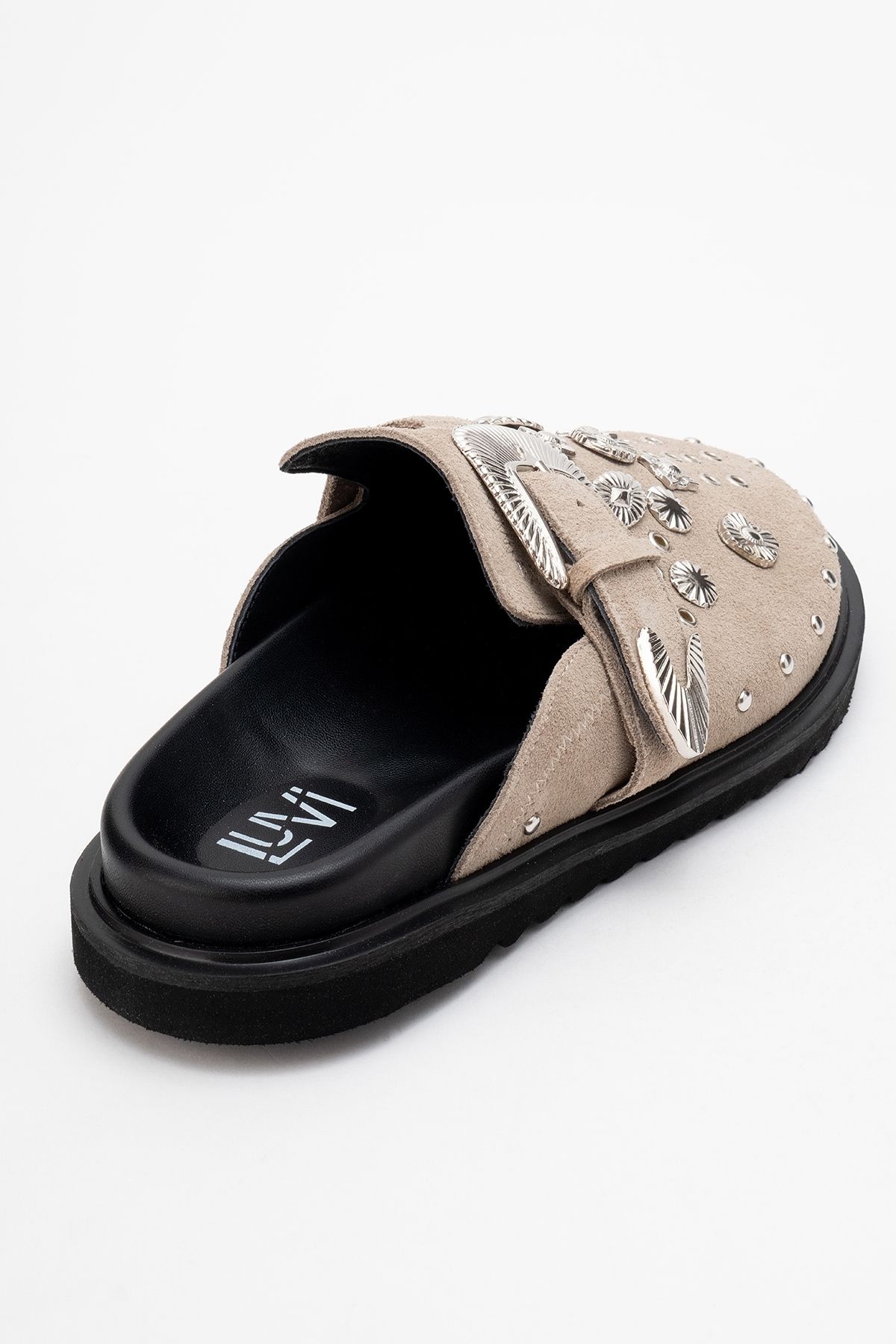 LuviShoes-Γυναικείες παντόφλες MARİL Μπεζ σουέντ από γνήσιο δέρμα με αγκράφα με κλειστή μύτη 5