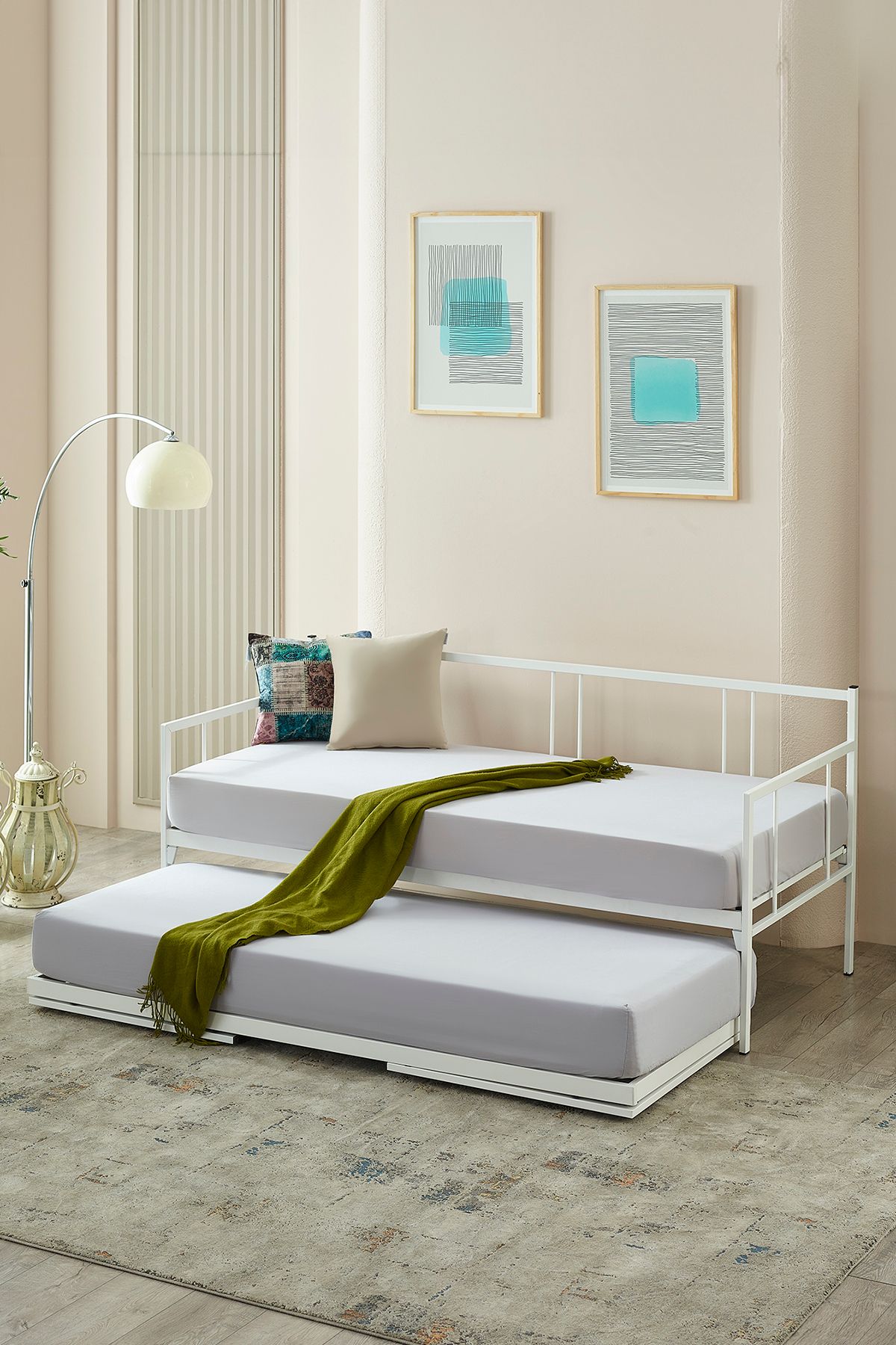 Unimet Forte Yavrulu Daybed Tek-Çift Kişilik Sedir Metal Karyola Yatak Seti Beyaz