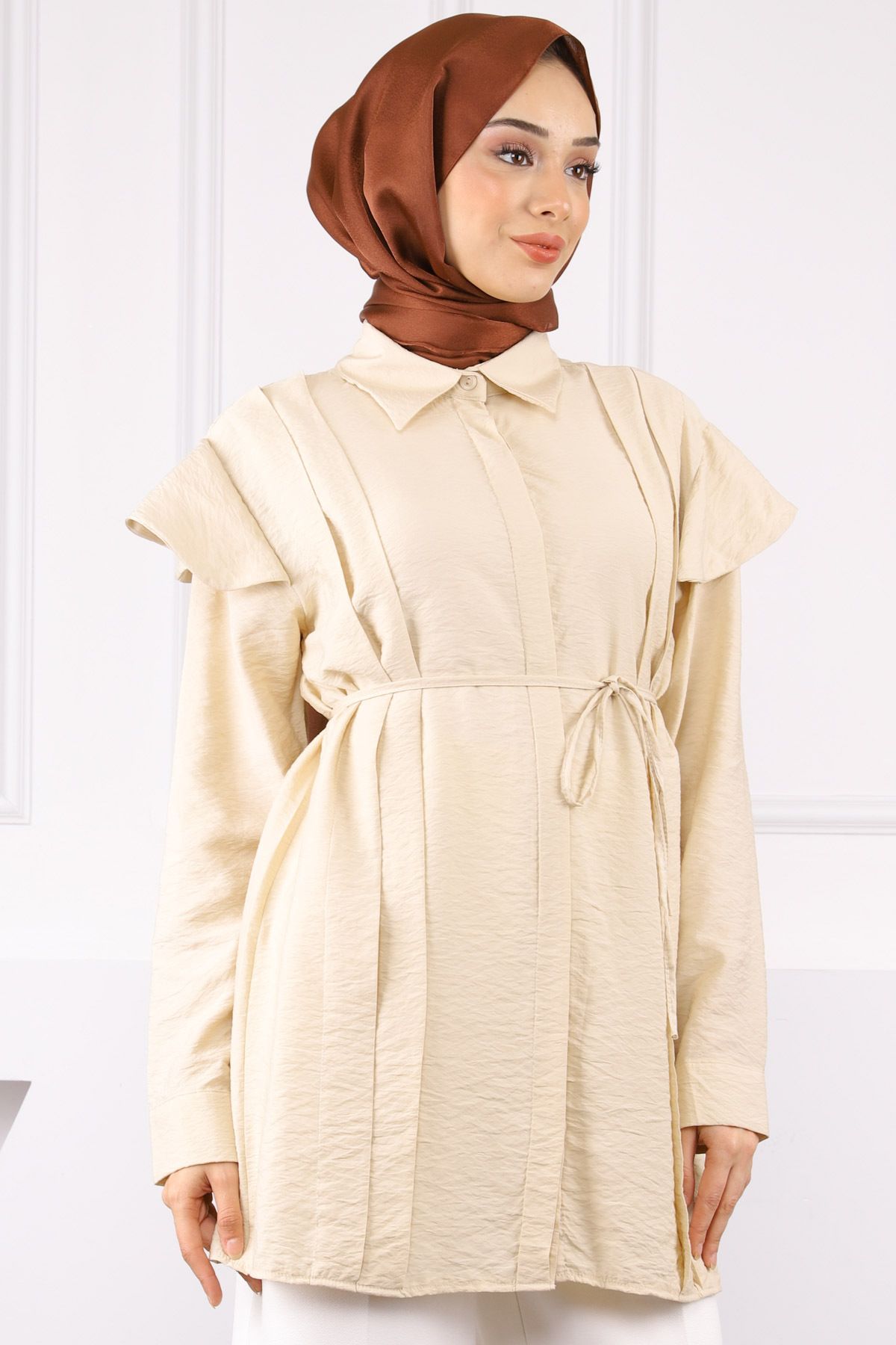 İmajButik Bej Omuz Detaylı Bel Bağlamalı Tunik