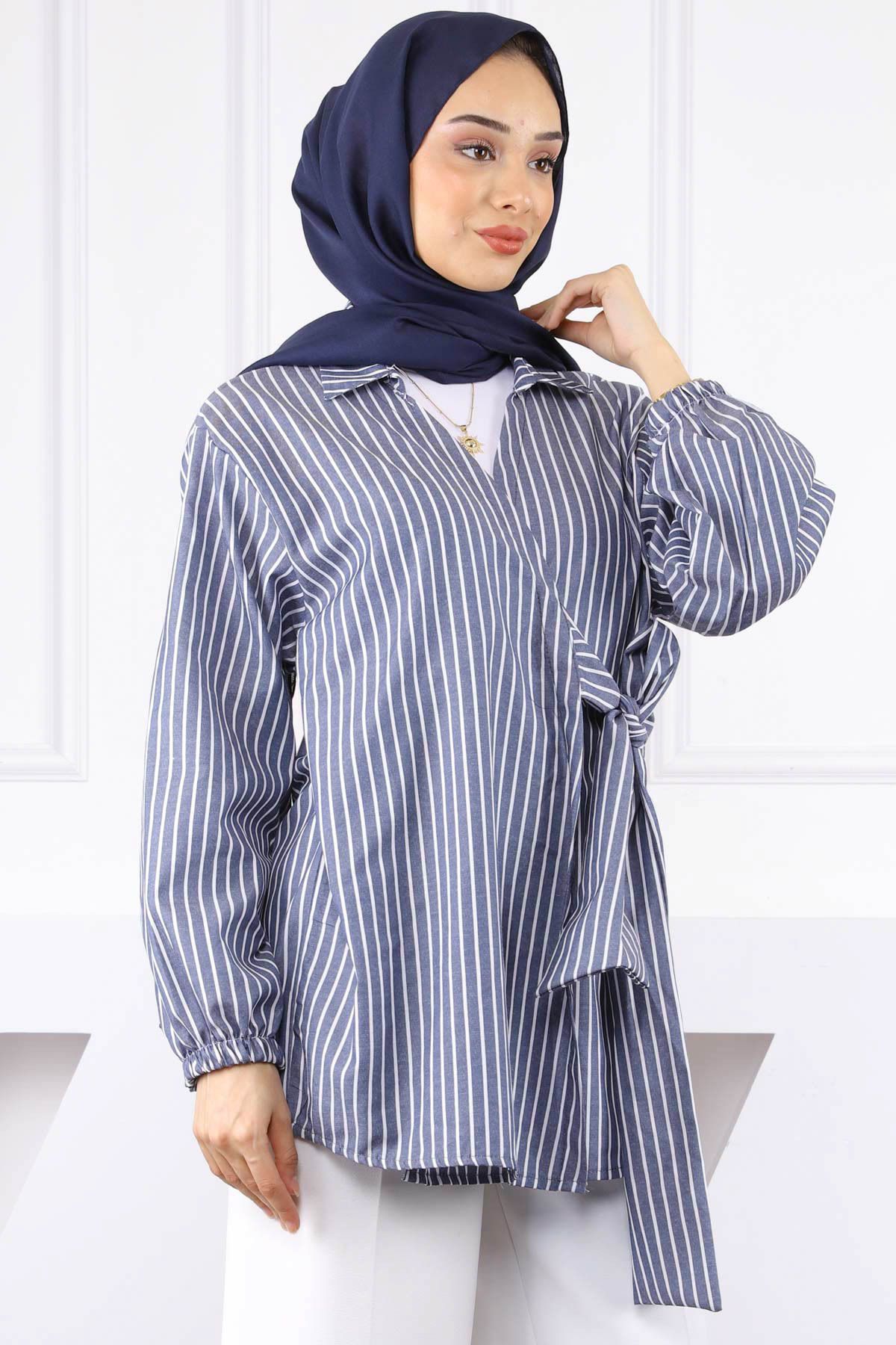 İmajButik Lacivert Çizgili Yan Bağlamalı Kimono