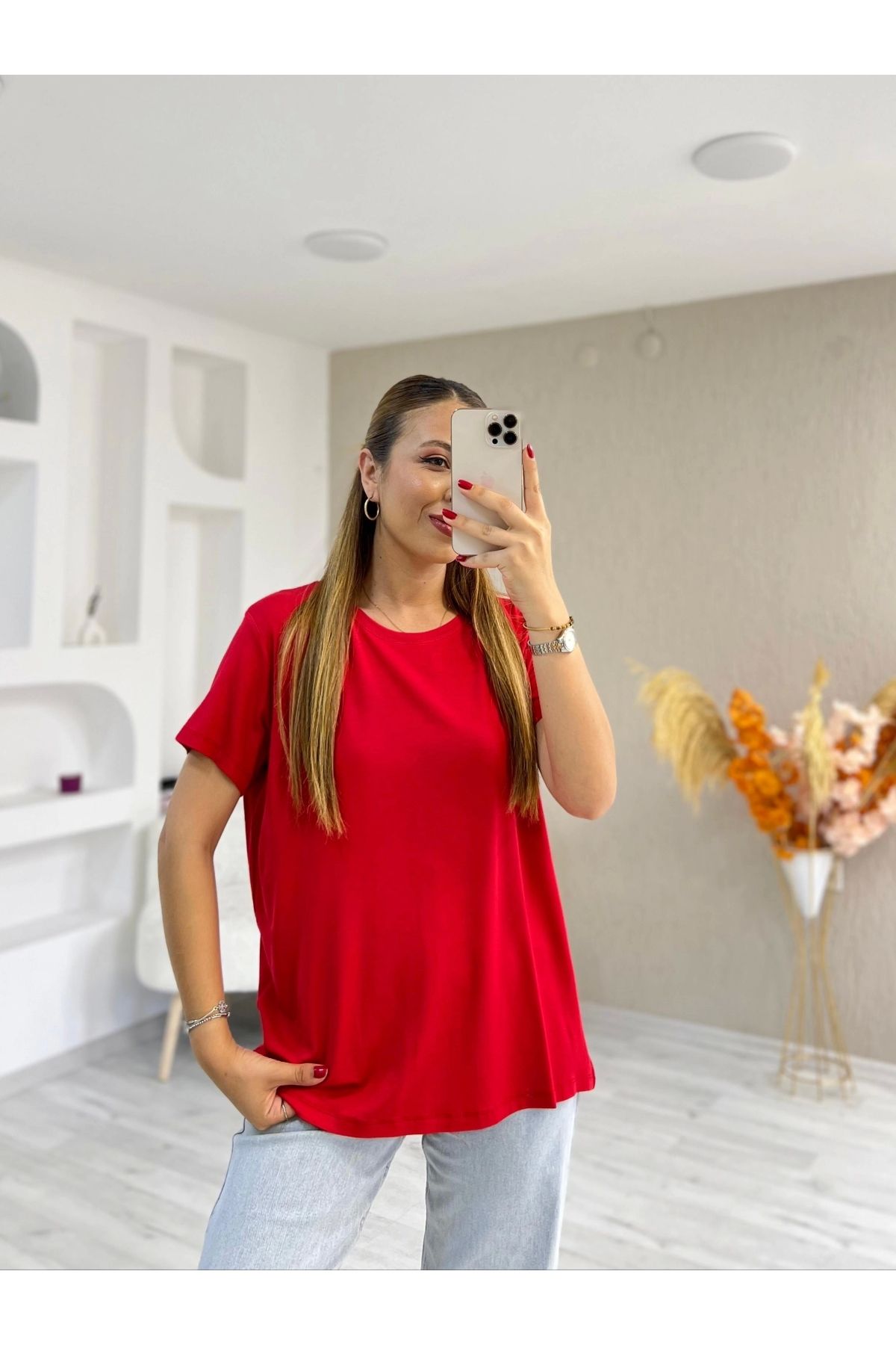 İrka Moda Bisiklet Yaka Viskon Kumaş Basic Tshirt Kırmızı
