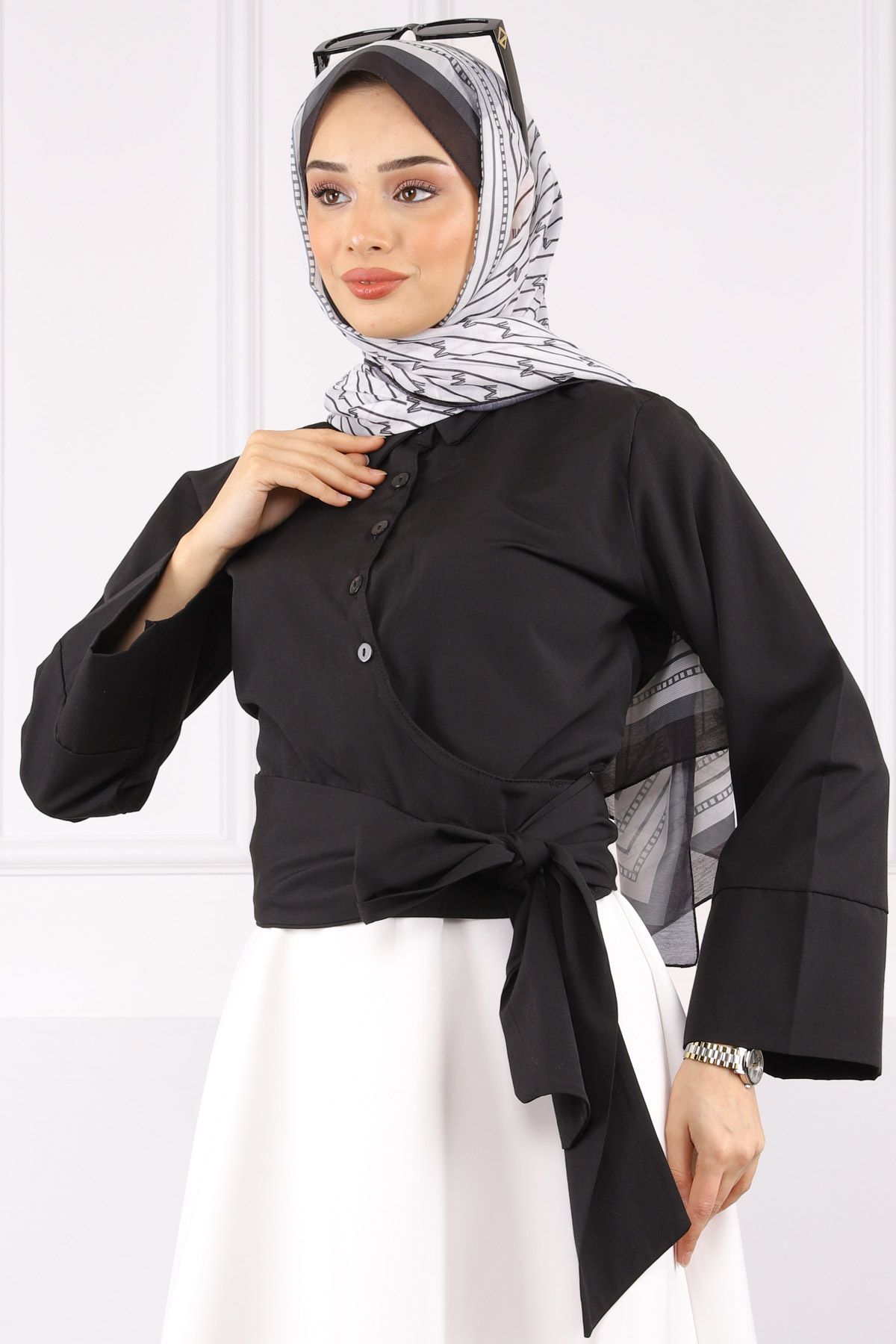 İmajButik Siyah Bel Bağlamalı Gömlek