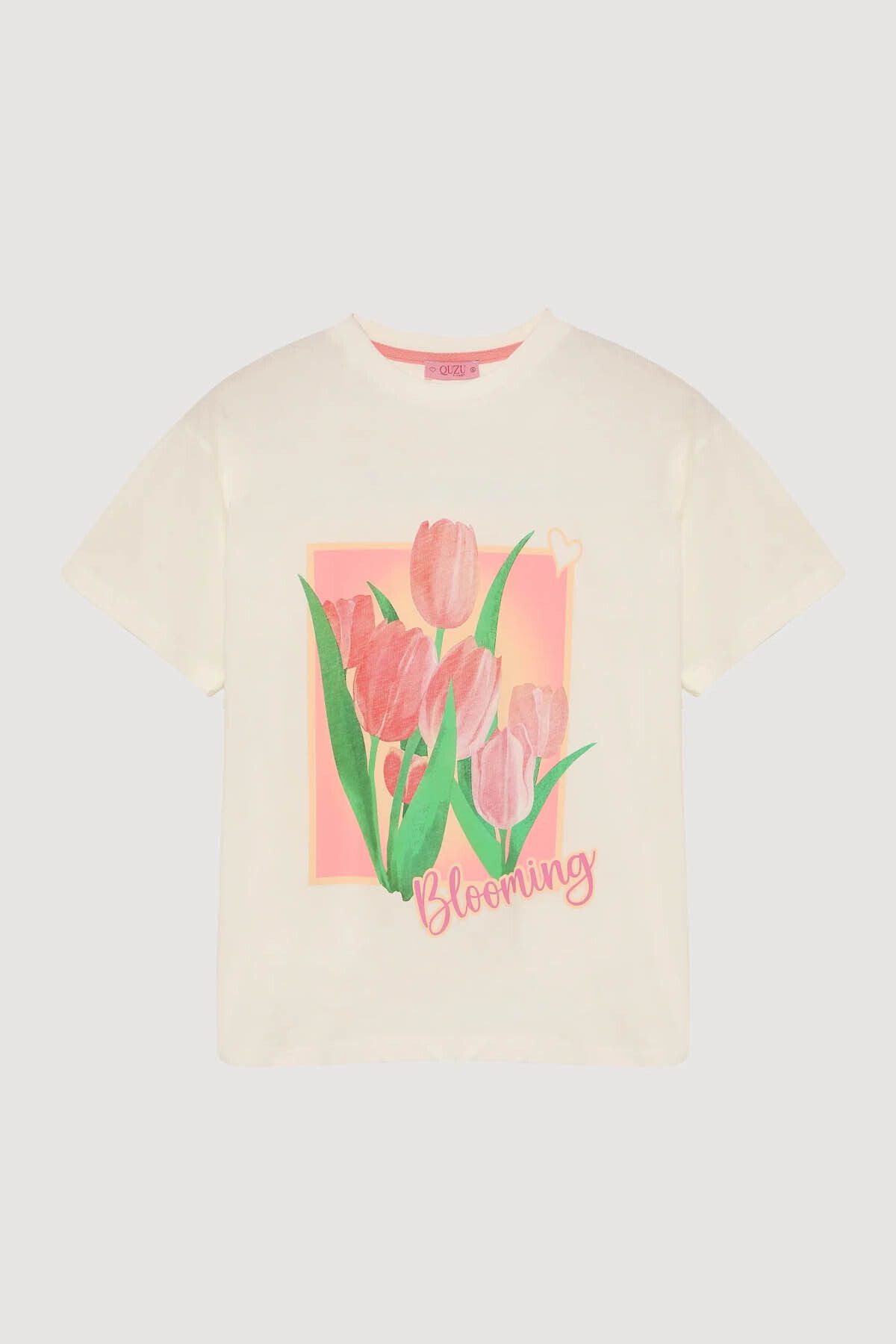 Quzu Lale Çiçek Baskılı Ekru Kadın T-Shirt TSH00421