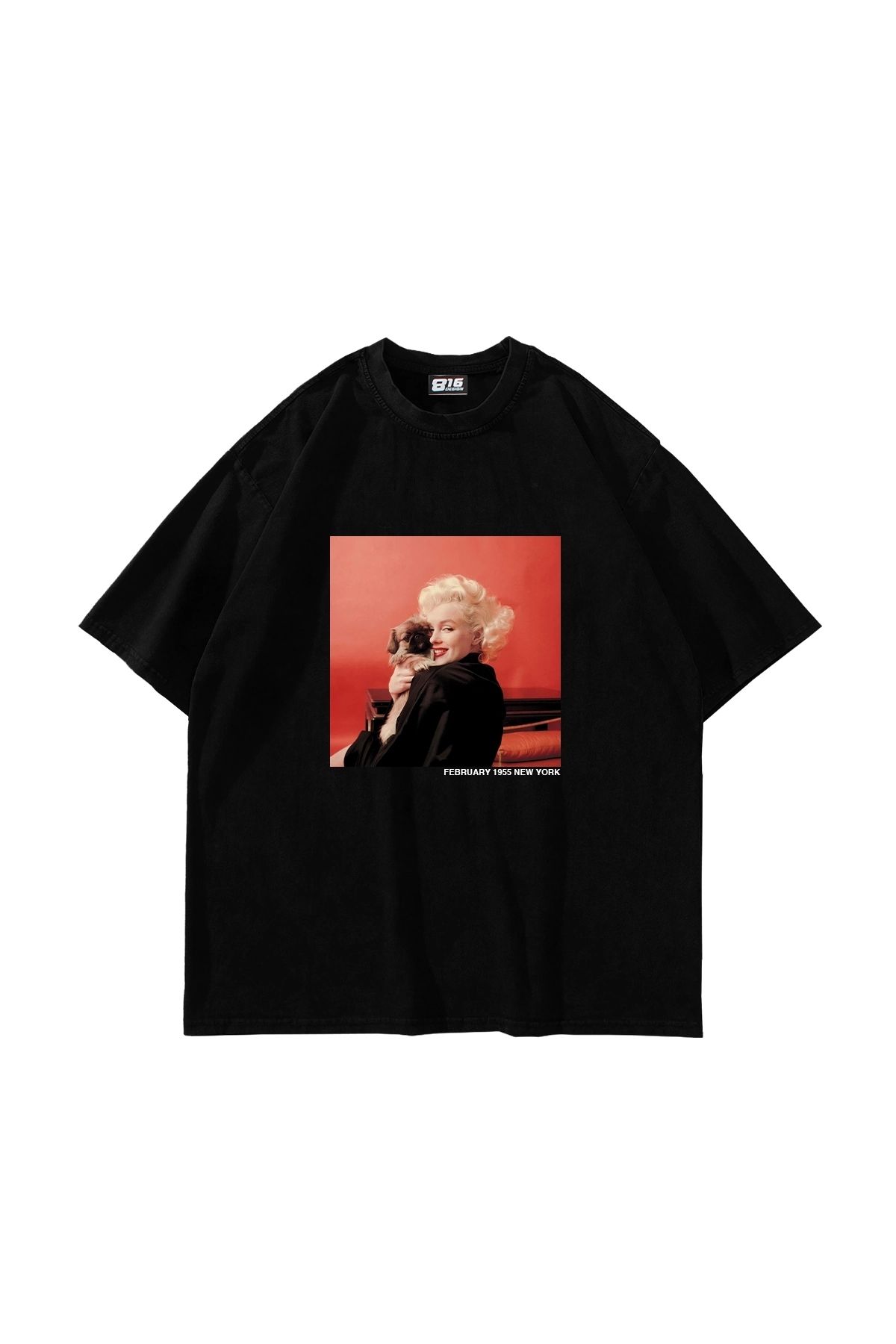 Sekizbiraltı Marilyn Monroe & Dog Baskılı Oversize Unisex Siyah Tshirt