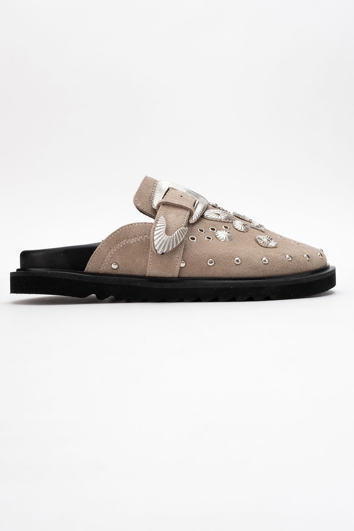 LuviShoes-Γυναικείες παντόφλες MARİL Μπεζ σουέντ από γνήσιο δέρμα με αγκράφα με κλειστή μύτη 6