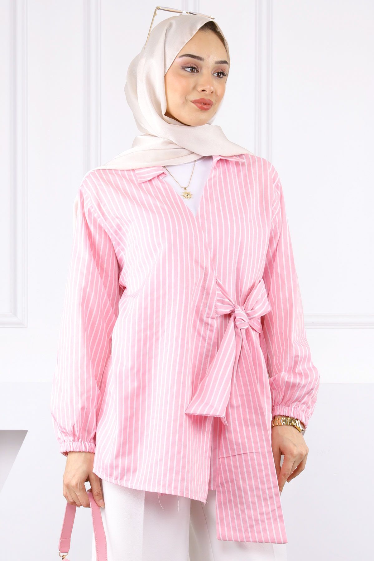 İmajButik Pembe Çizgili Yan Bağlamalı Kimono