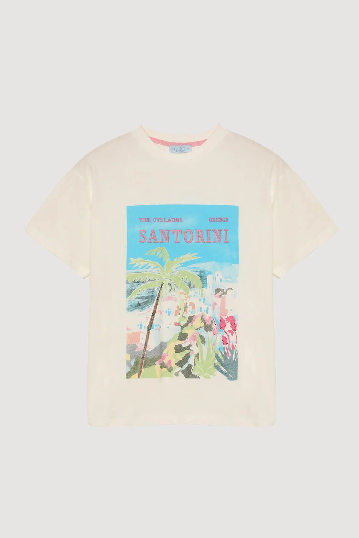 Quzu Santorini Baskılı Ekru Kadın T-Shirt TSH00345