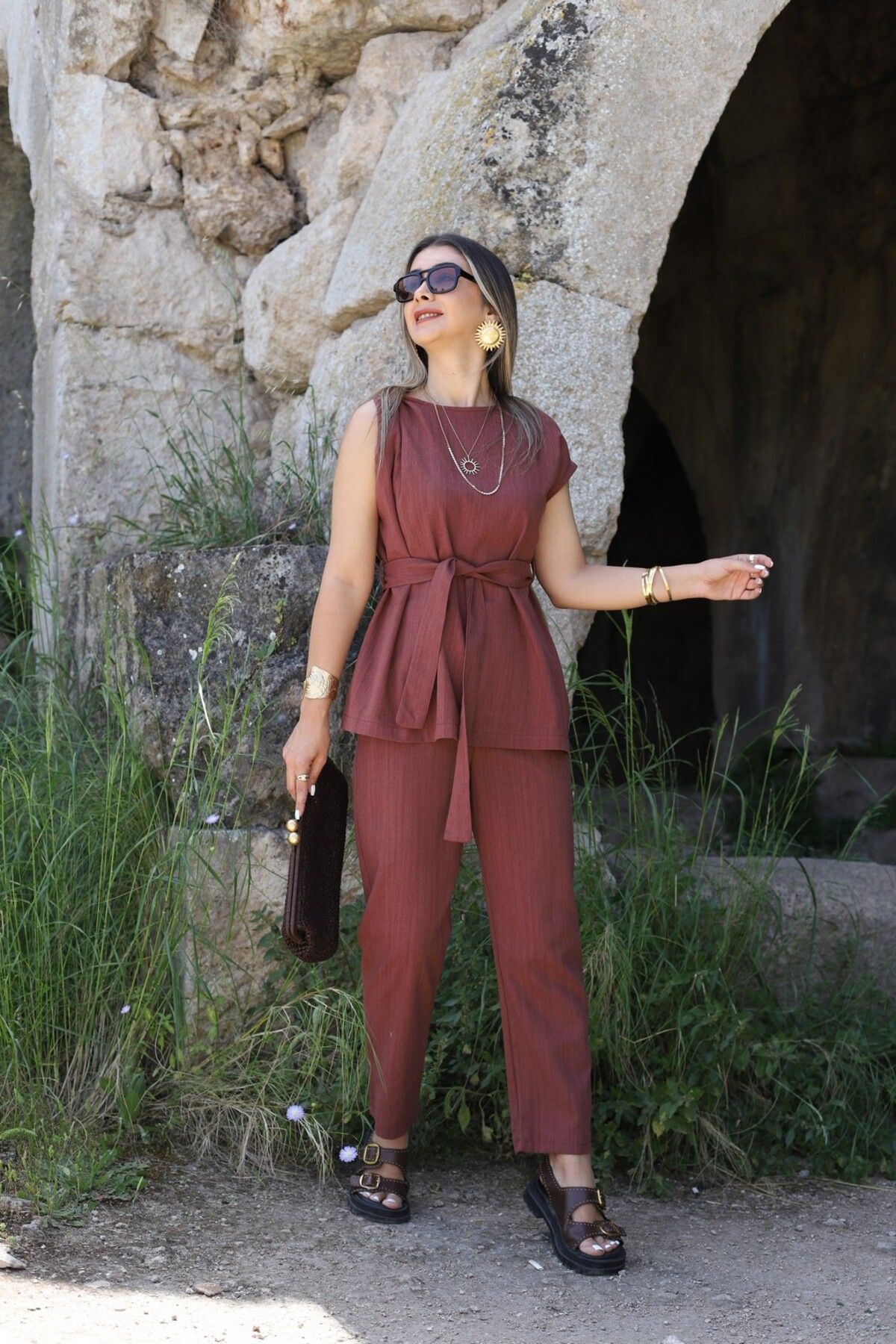 bytugcekaya Kiremit Omuzu Burmalı Keten Bluz Takım
