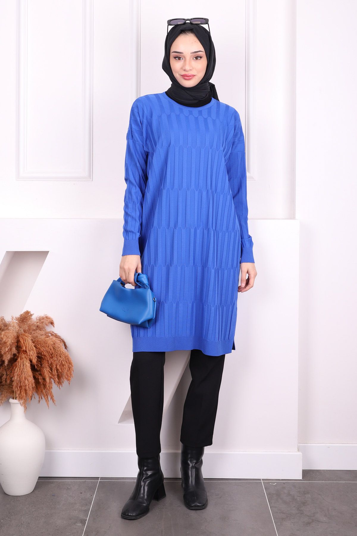 İmajButik Saks Mavi Soğuk İplik Merserize Triko Tunik