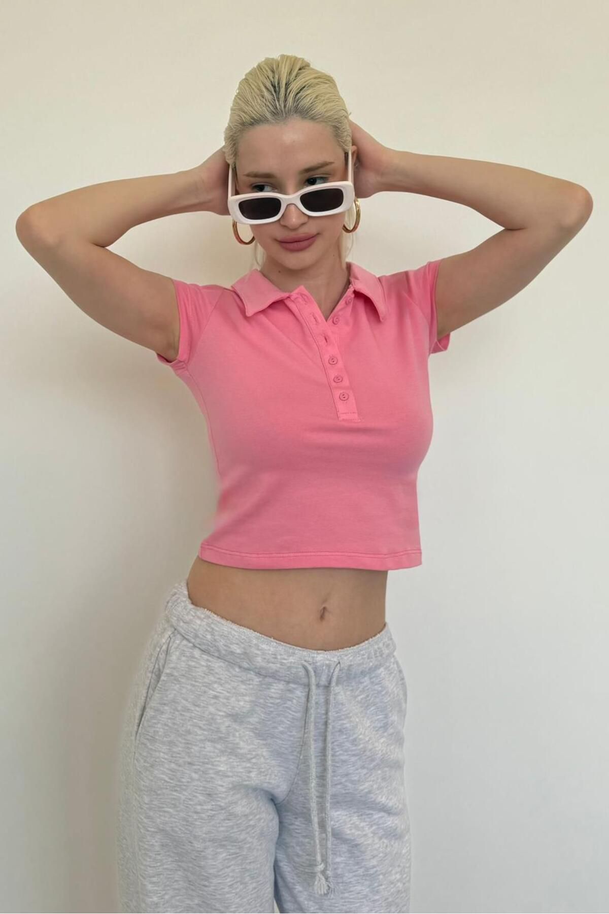 Madmext Pembe Polo Yaka Basic Kadın Tişört Mg2455
