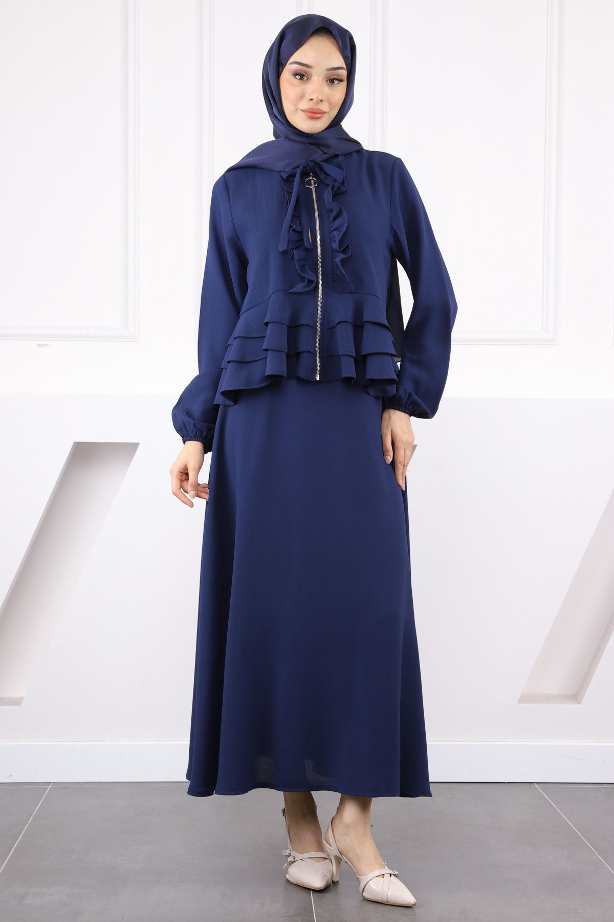 İmajButik Lacivert Fermuarlı Ceket Etekli Krep Takım
