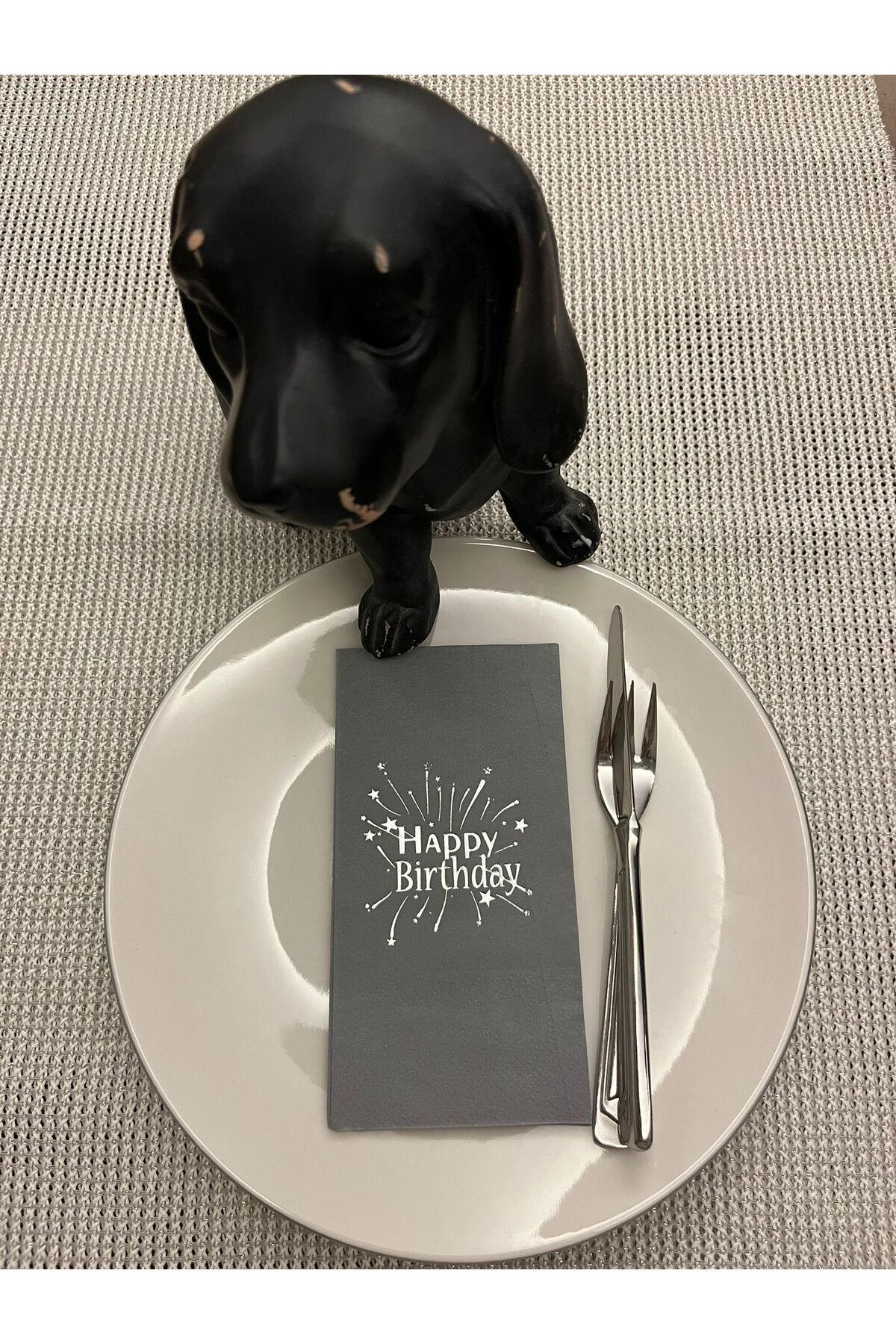 kidspartim Gümüş Yaldızlı Gri Happy Bırthday Garson Katlama Peçete 16 Adet