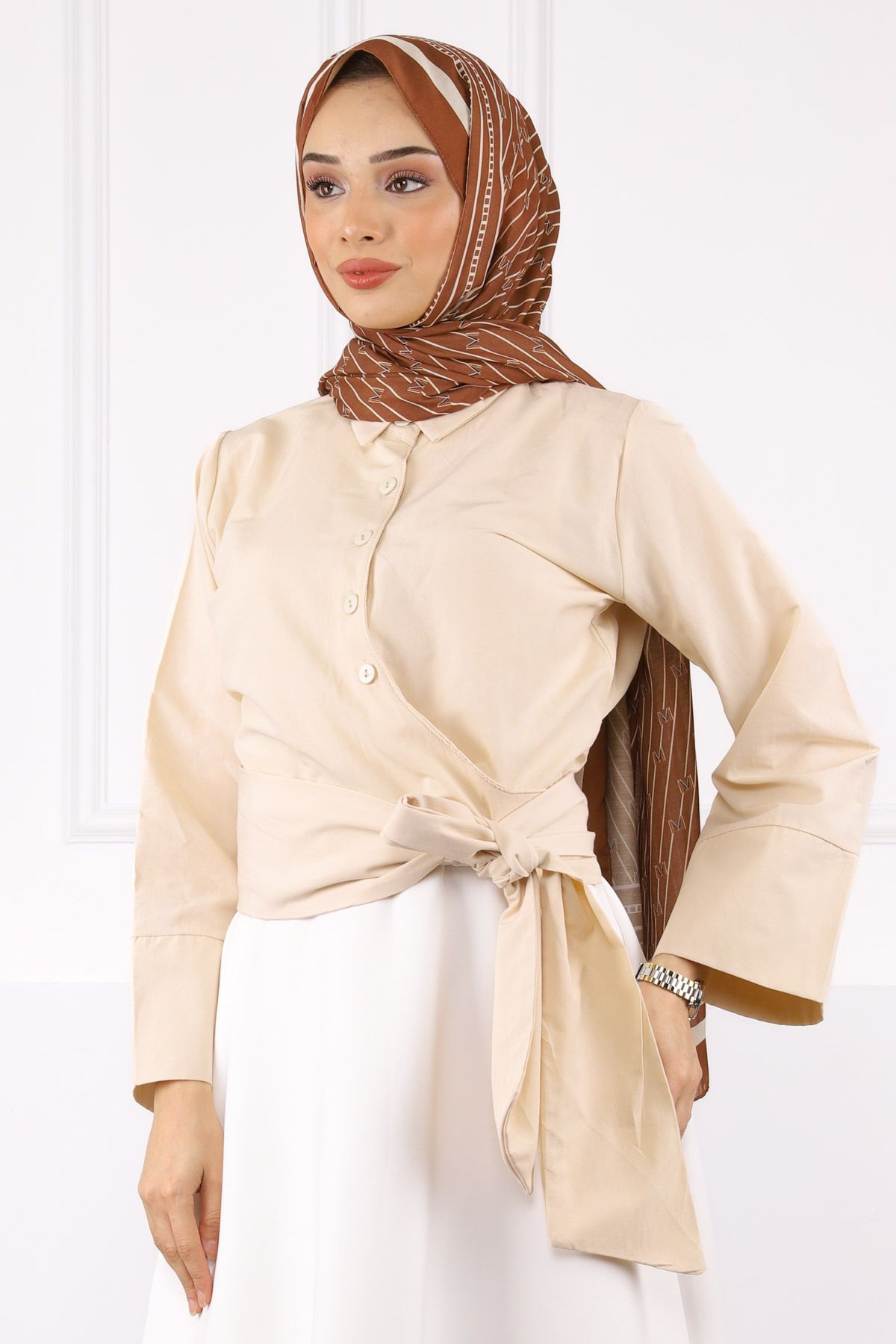 İmajButik Bej Bel Bağlamalı Gömlek