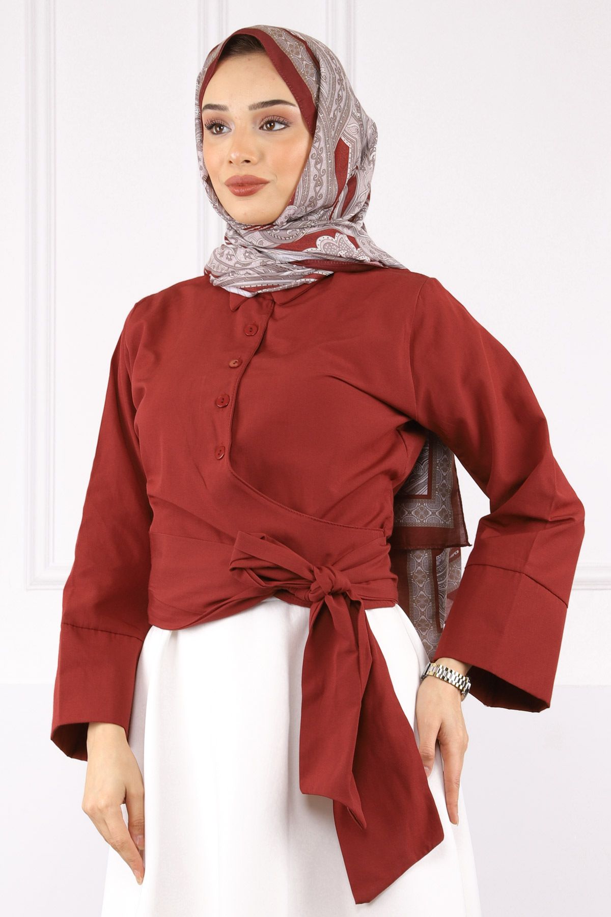İmajButik Bordo Bel Bağlamalı Gömlek