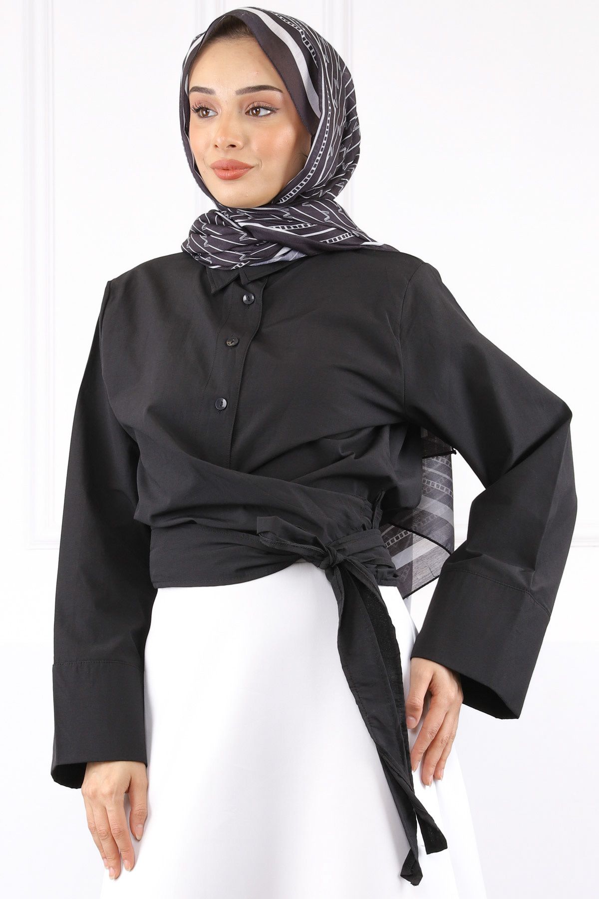 İmajButik Siyah Bel Bağlamalı Gömlek