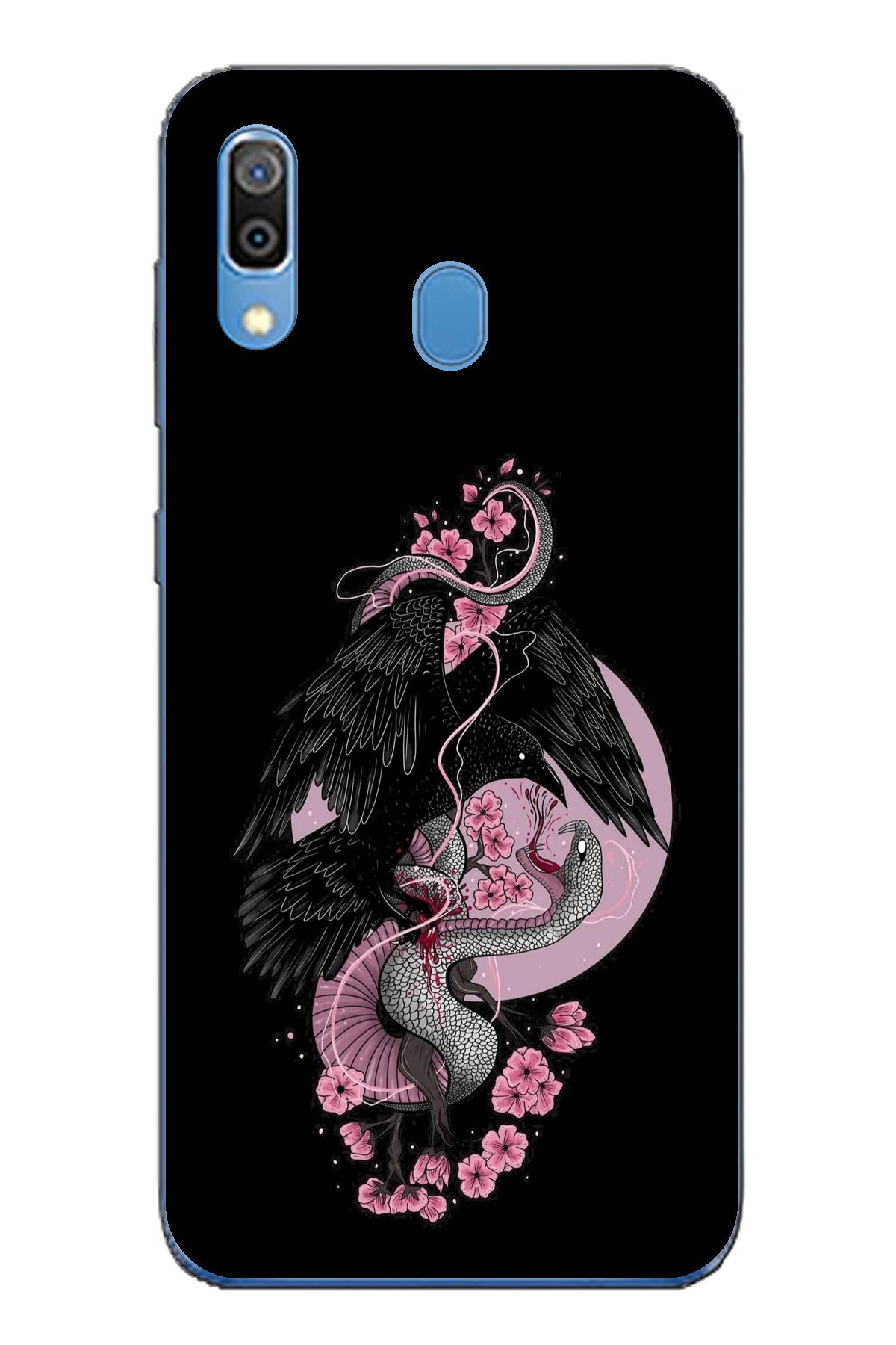 TechTree Samsung Galaxy A20 / A30 Uyumlu Pembe Siyah Yılan Şeffaf Silikon Kılıf
