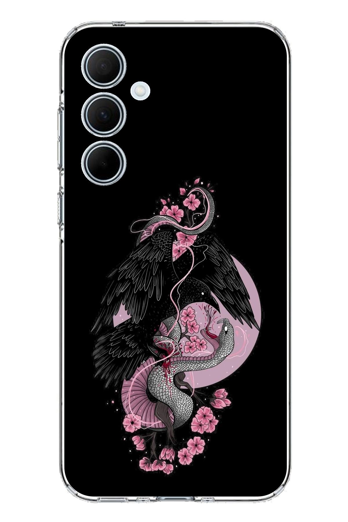TechTree Samsung Galaxy A35 Uyumlu Pembe Siyah Yılan Şeffaf Silikon Kılıf