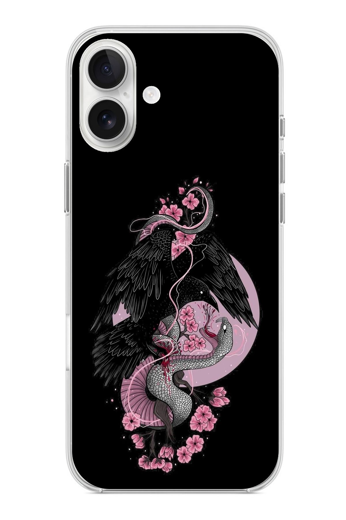 TechTree iPhone 16 PLUS Uyumlu Pembe Siyah Yılan Şeffaf Silikon Kılıf