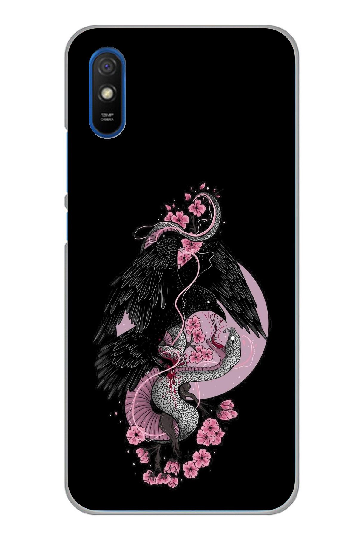 TechTree Redmi 9A Uyumlu Pembe Siyah Yılan Şeffaf Silikon Kılıf